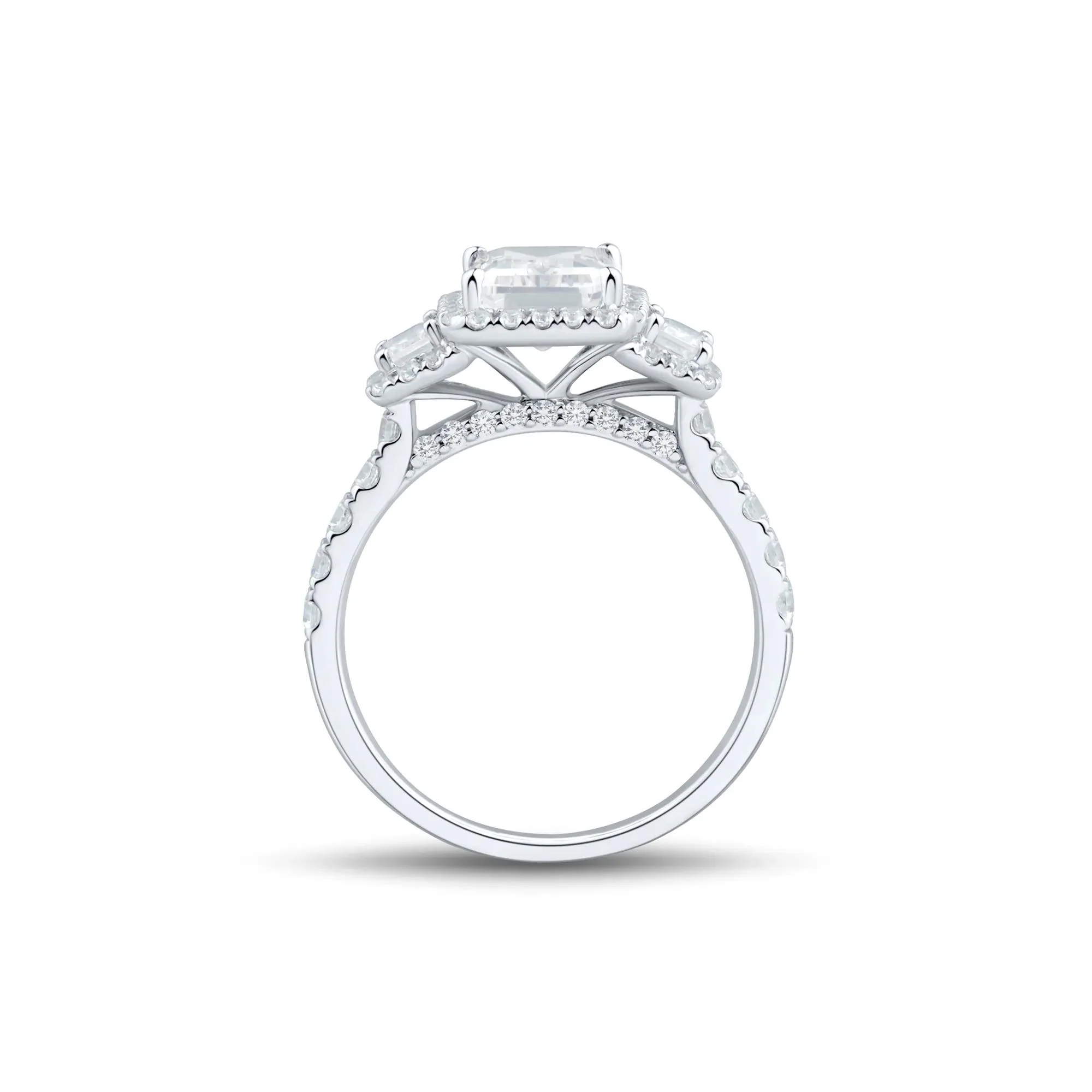 3 CT. Tw. Emerald-Cut Diamond Three-Stone Halo Engagement Ring 14K White Gold Round Brilliant Cut Size 8.5 1.5mm - Image 3