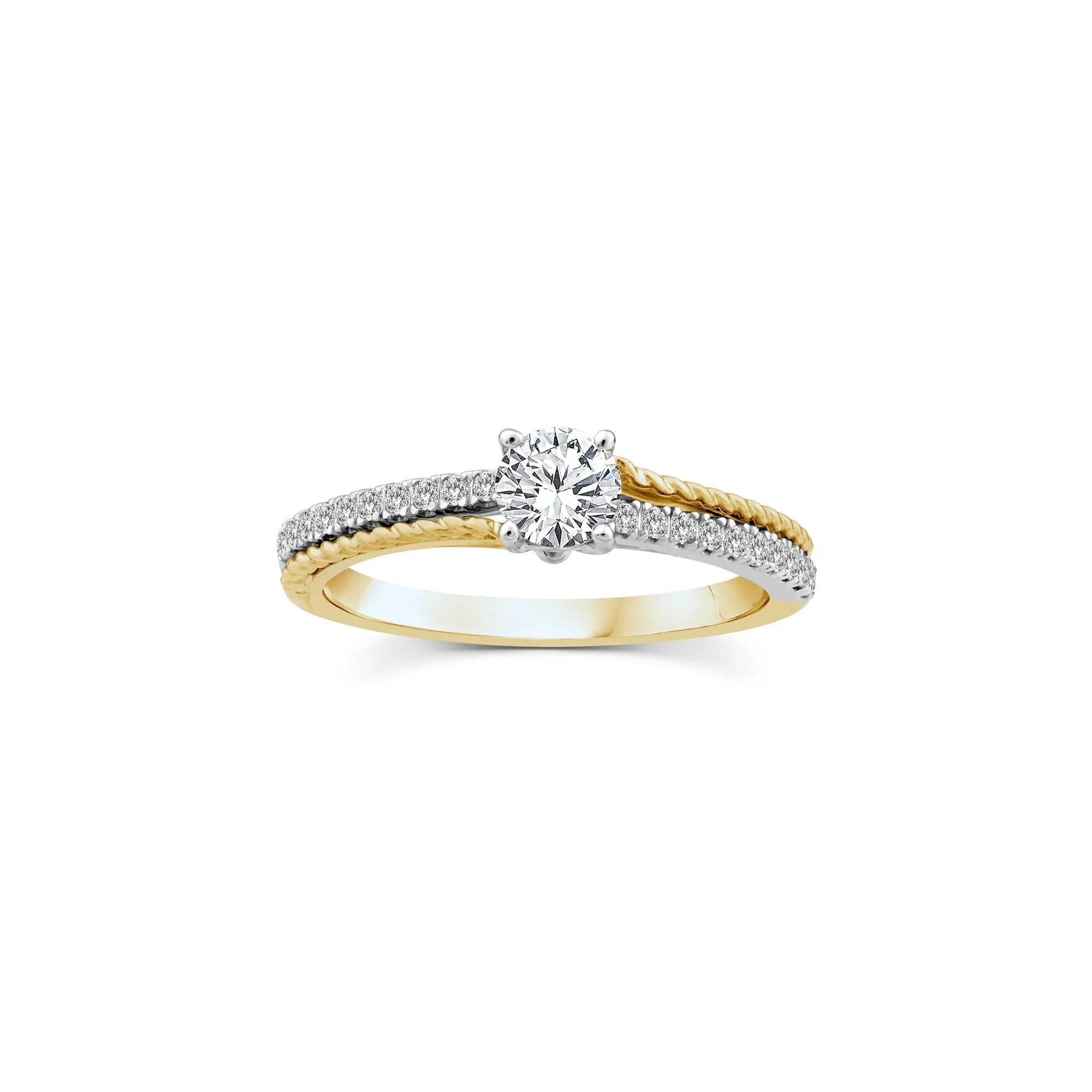 5/8 CT. Tw. Diamond Twist Engagement Ring 14K White and Yellow Gold Round Brilliant Cut Size 7 2mm