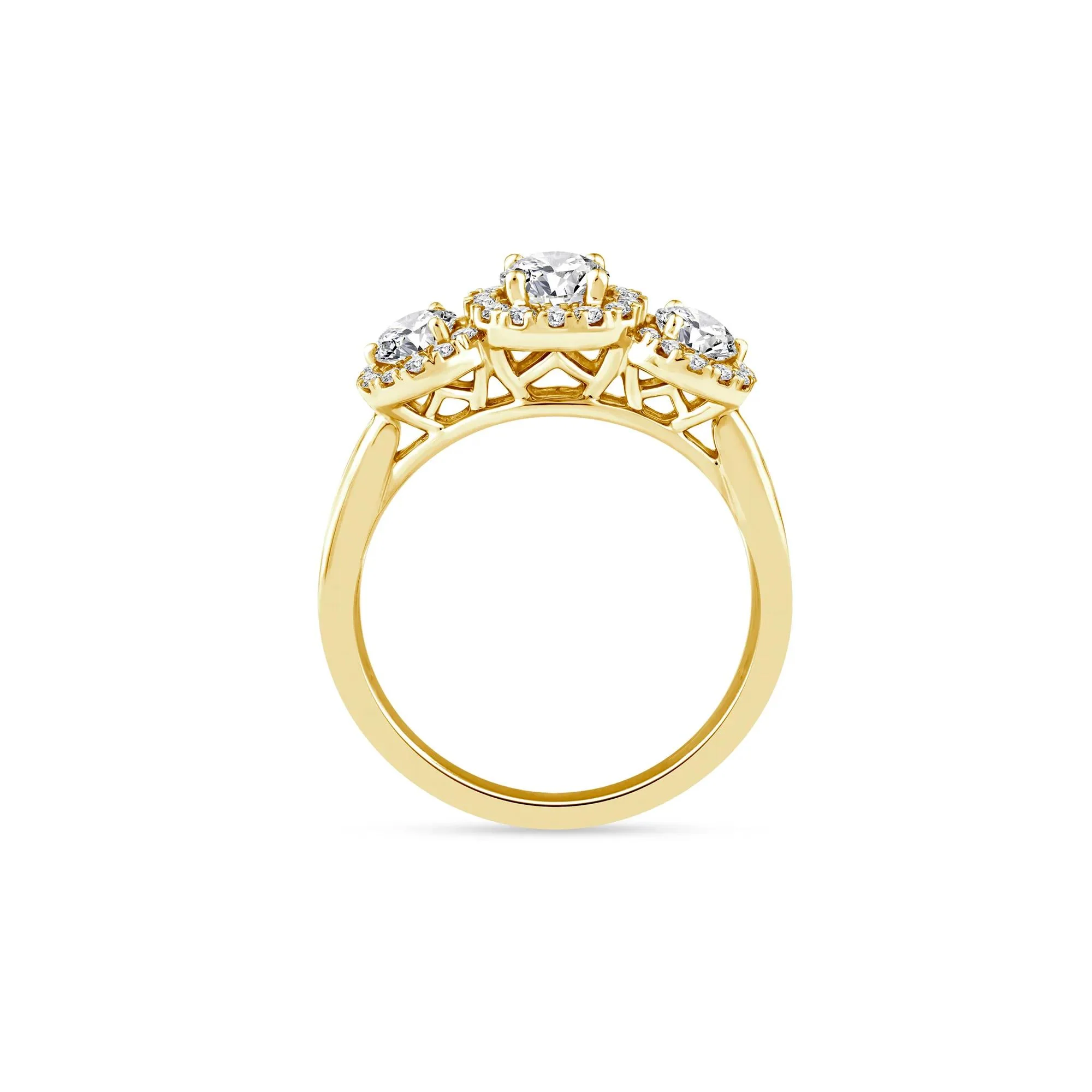 1/2 CT. Tw. Diamond Three-Stone Halo Engagement Ring 14K Yellow Gold Round Brilliant Cut Size 7.5 2mm - Image 2