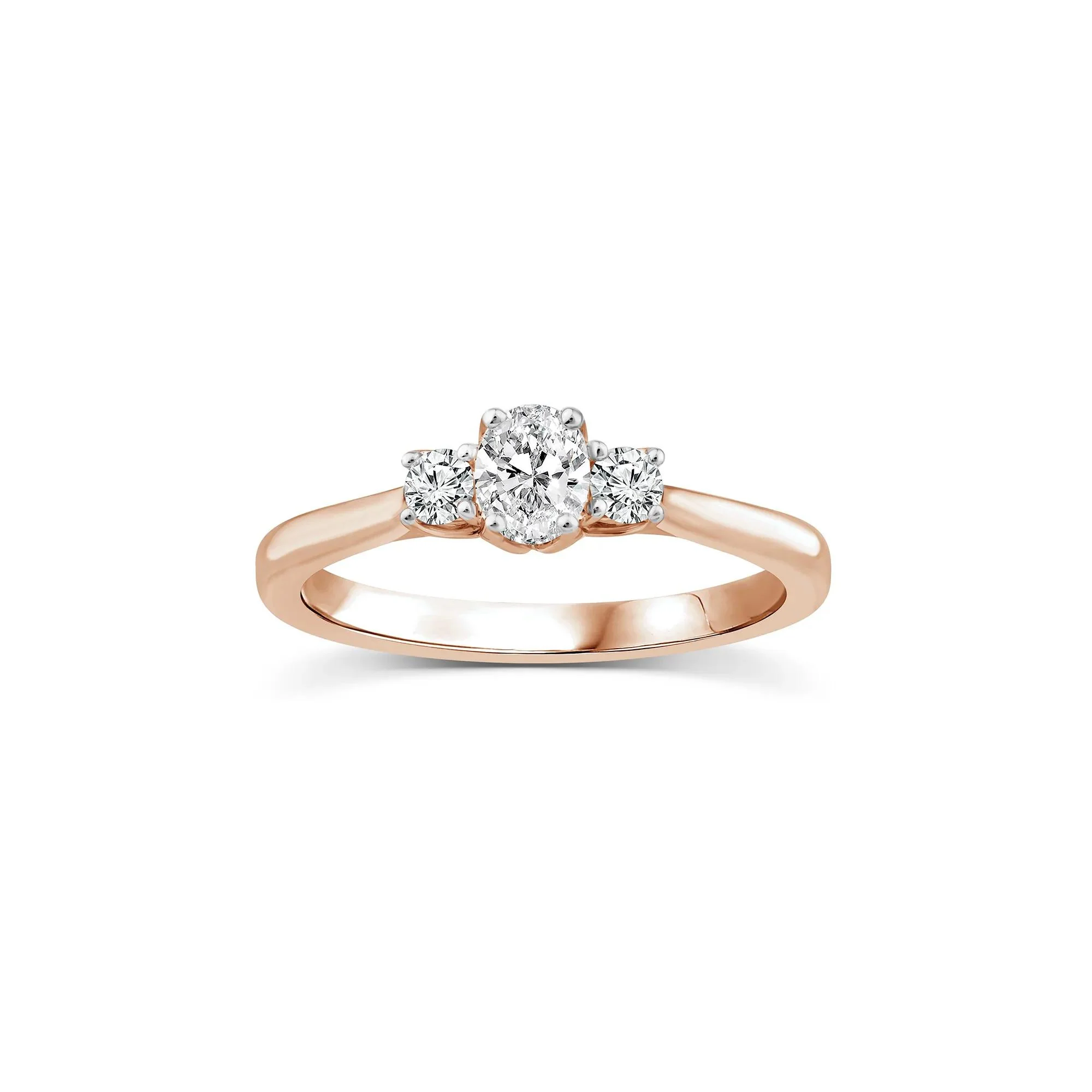 1/2 CT. Tw. Diamond Oval Center Three-Stone Ring 14K Rose Gold Round Brilliant Cut Size 8 2mm