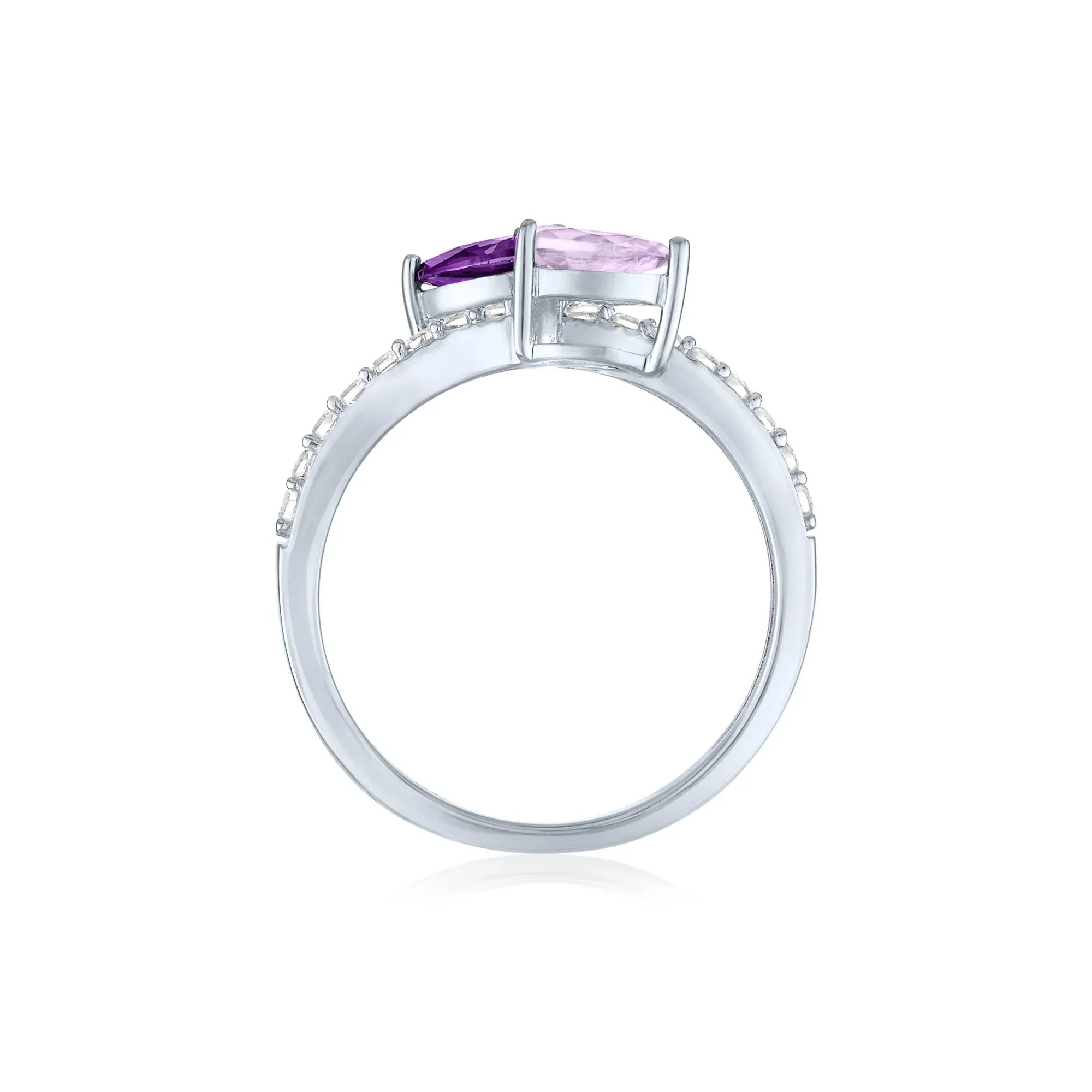 Bypass Ring with Purple and Pink Amethysts and Lab-Created White Sapphires .925 Sterling Silver Size 7.5 1mm - Image 2