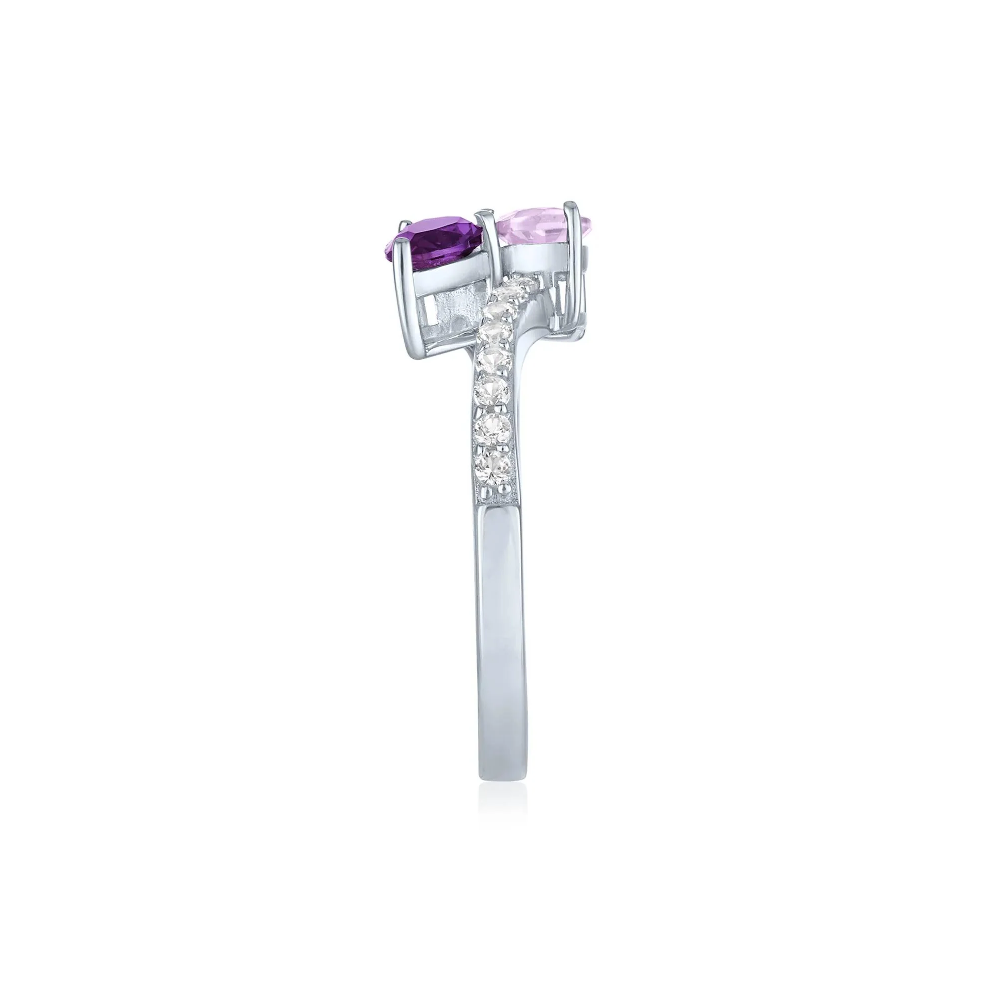 Bypass Ring with Purple and Pink Amethysts and Lab-Created White Sapphires .925 Sterling Silver Size 7.5 1mm - Image 3