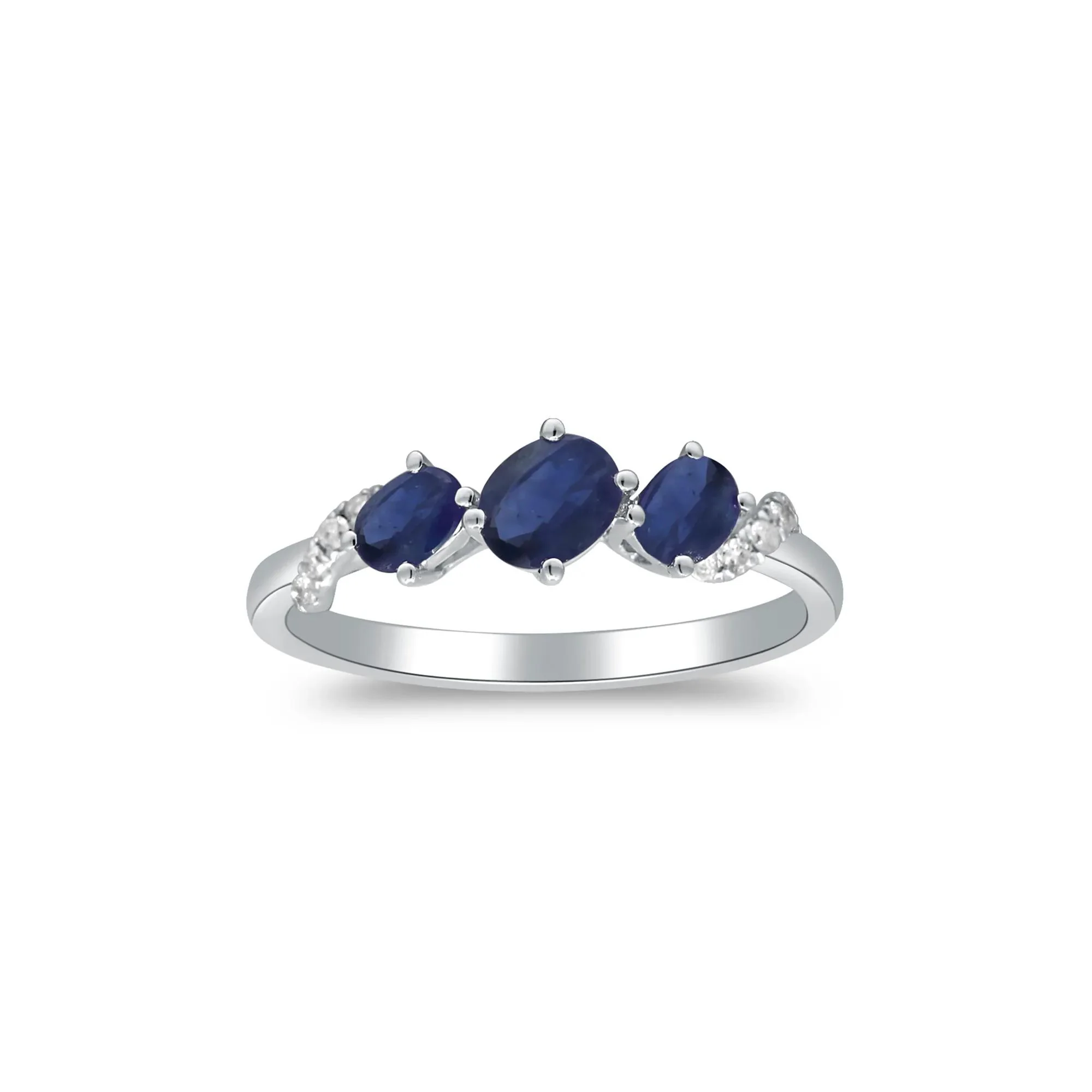 Blue Sapphire and Diamond Accent Ring 10K White Gold Round Brilliant Cut Size 9 2mm