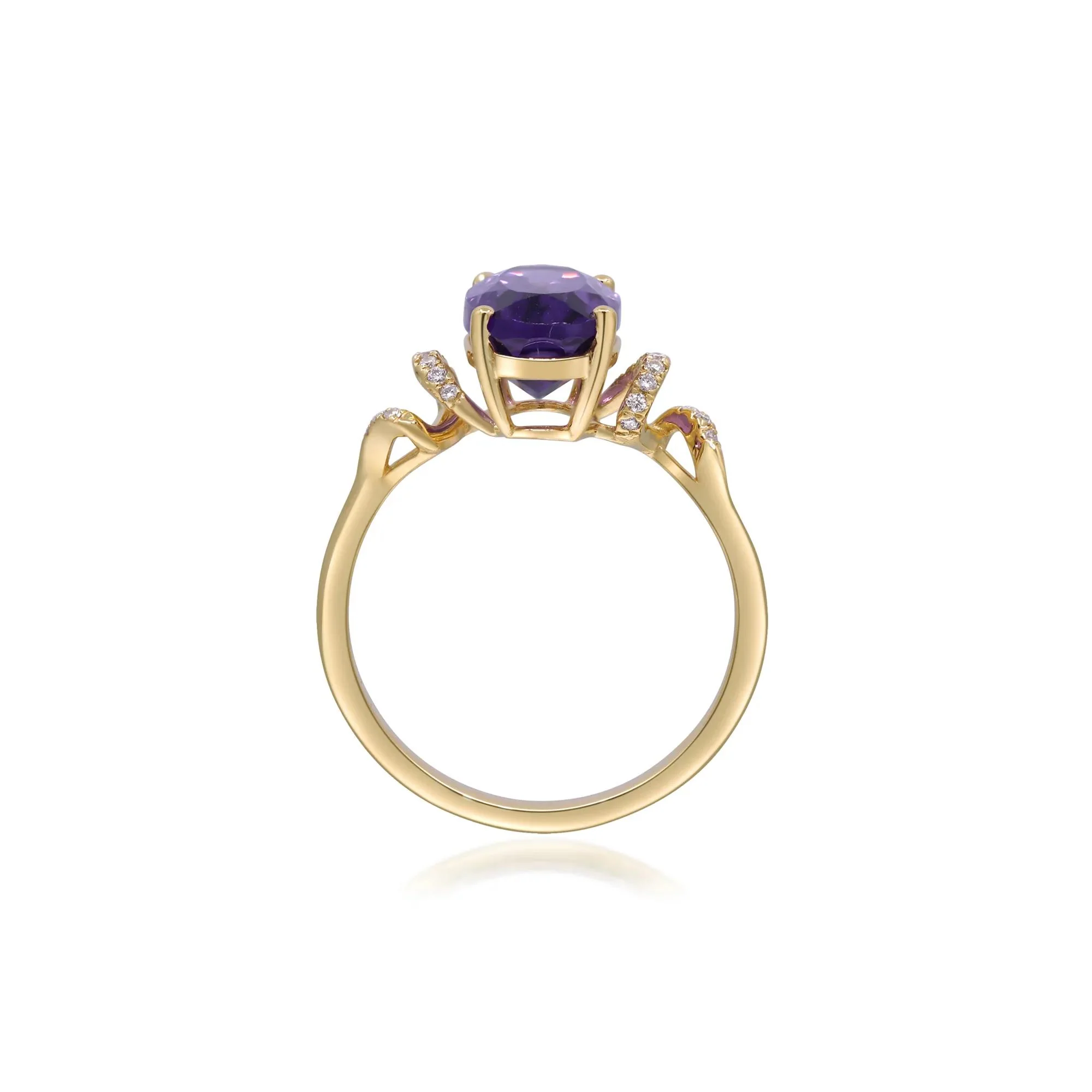 Amethyst and Diamond Accent Ring 10K Yellow Gold Round Brilliant Cut Size 8.5 2mm