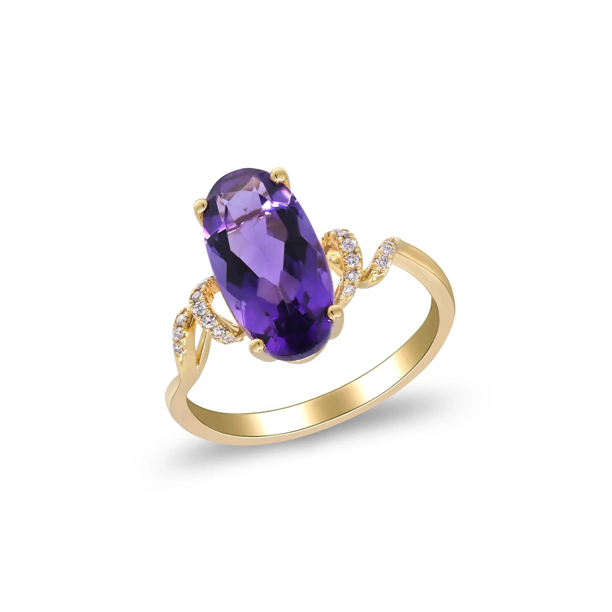 Amethyst and Diamond Accent Ring 10K Yellow Gold Round Brilliant Cut Size 8.5 2mm - Image 3