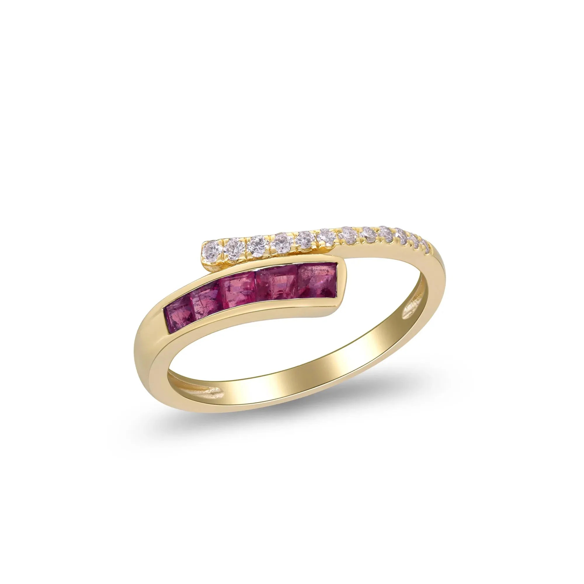 1/10 CT. Tw. Ruby and Diamond Bypass Ring 10K Yellow Gold Size 8.5 2mm - Image 4