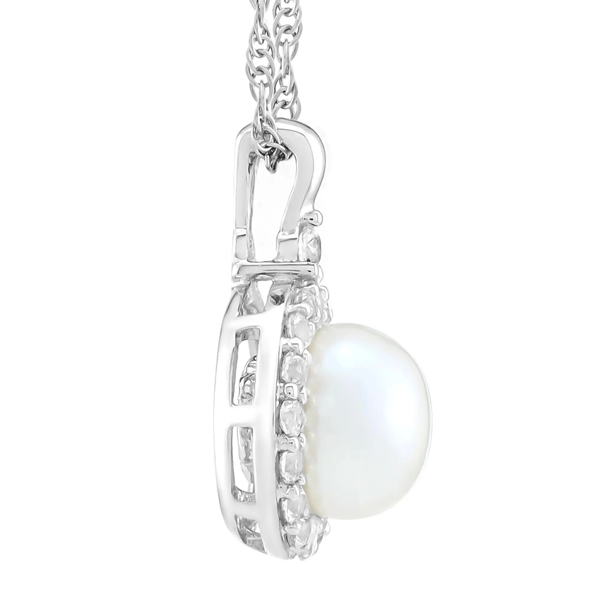 Freshwater Cultured Button Pearl and Lab-Created White Sapphire Pendant Necklace .925 Sterling Silver Size 18" - Image 3