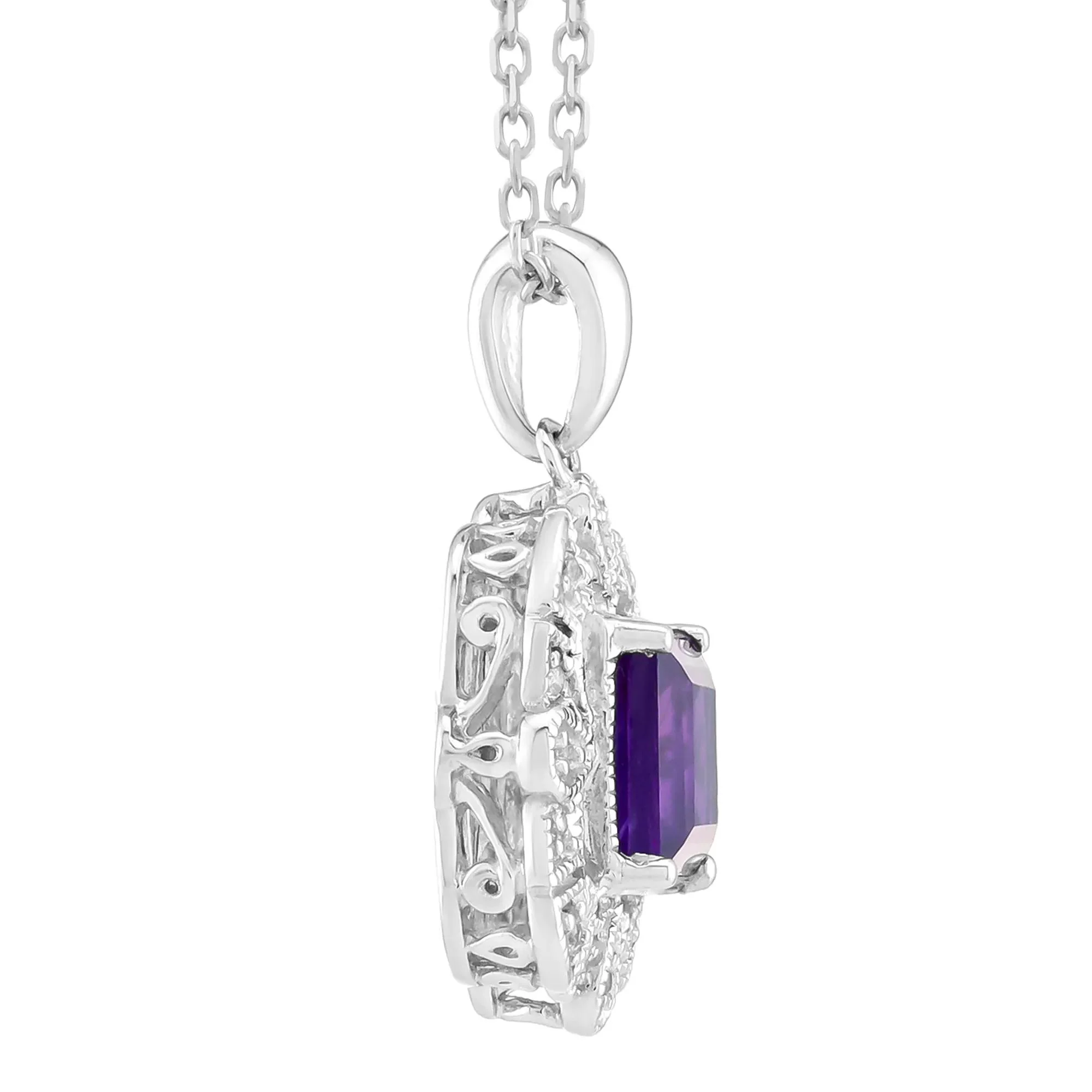 Square Amethyst Halo Pendant Necklace with Lab-Created White Sapphires .925 Sterling Silver Size 18" - Image 2
