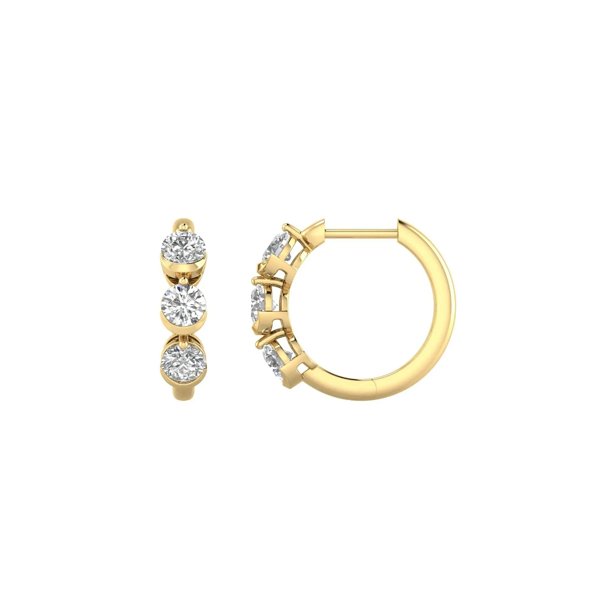 1 CT. Tw. Lab Grown Diamond Three-Stone Hoop Earrings 10K Yellow Gold Size 15.50mm - Image 2