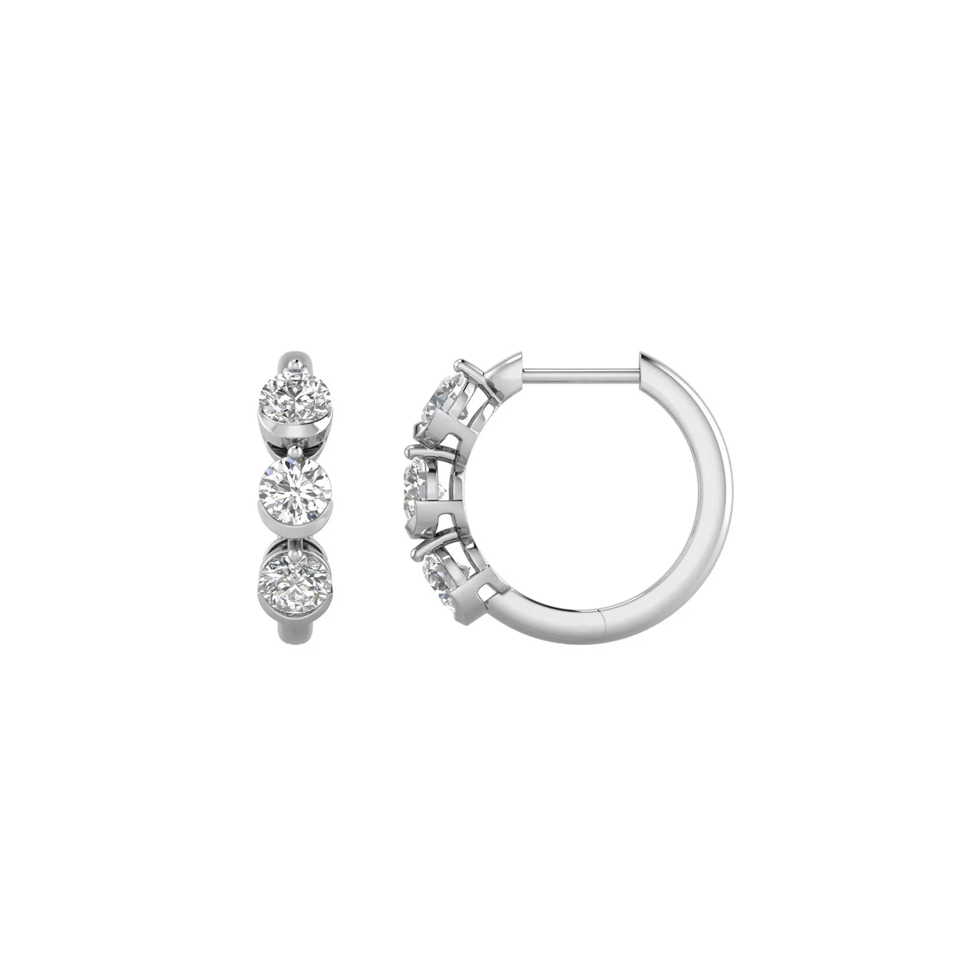 1 CT. Tw. Lab Grown Diamond Three-Stone Hoop Earrings 10K White Gold Size 15.50mm - Image 2