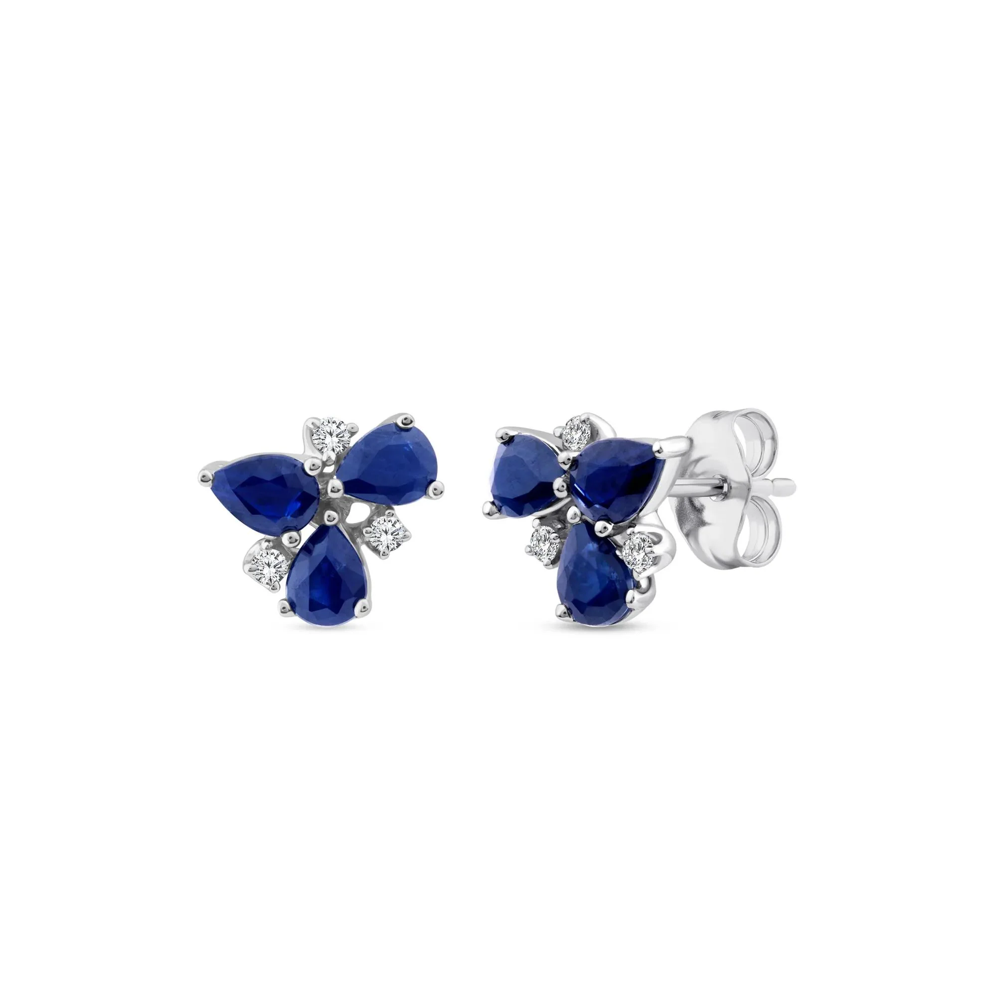 Pear-Shaped Blue Sapphire and Diamond Accent Cluster Stud Earrings 10K White Gold Size 8.40mm - Image 2