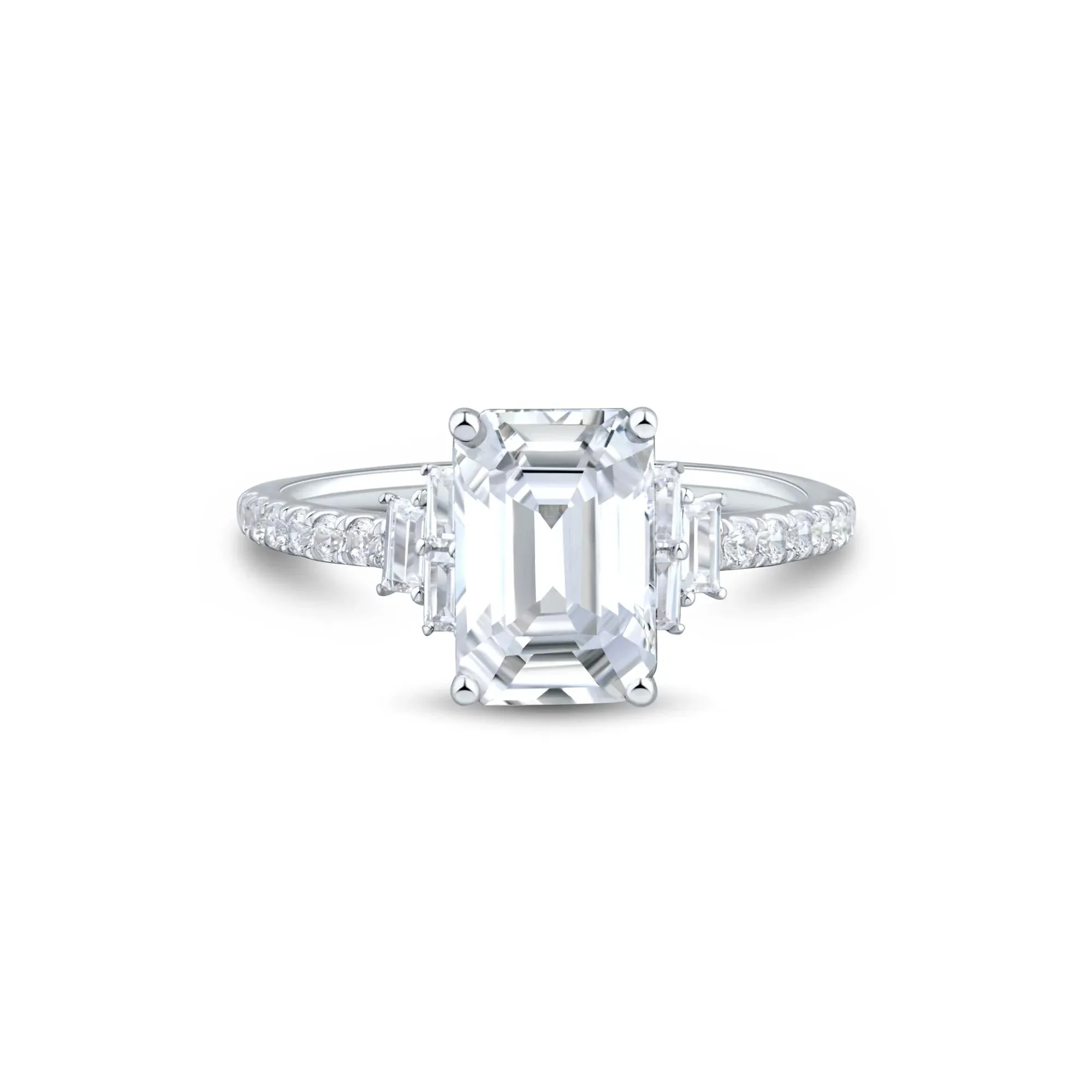 3 CT. Tw. Lab Grown Emerald-Cut Diamond Engagement Ring 14K White Gold Size 6.5 1.5mm