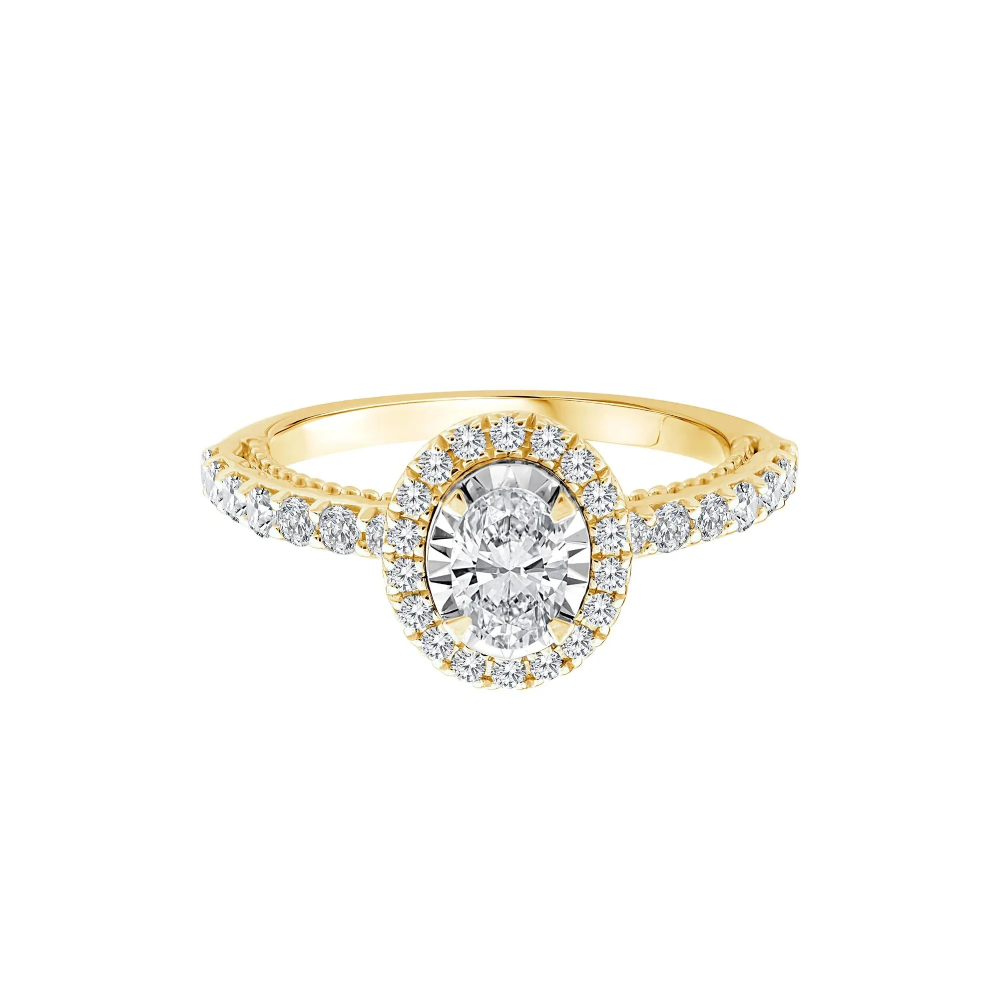 1 CT. Tw. Oval Diamond Halo Engagement Ring 10K Yellow Gold Round Brilliant Cut Size 6 1mm