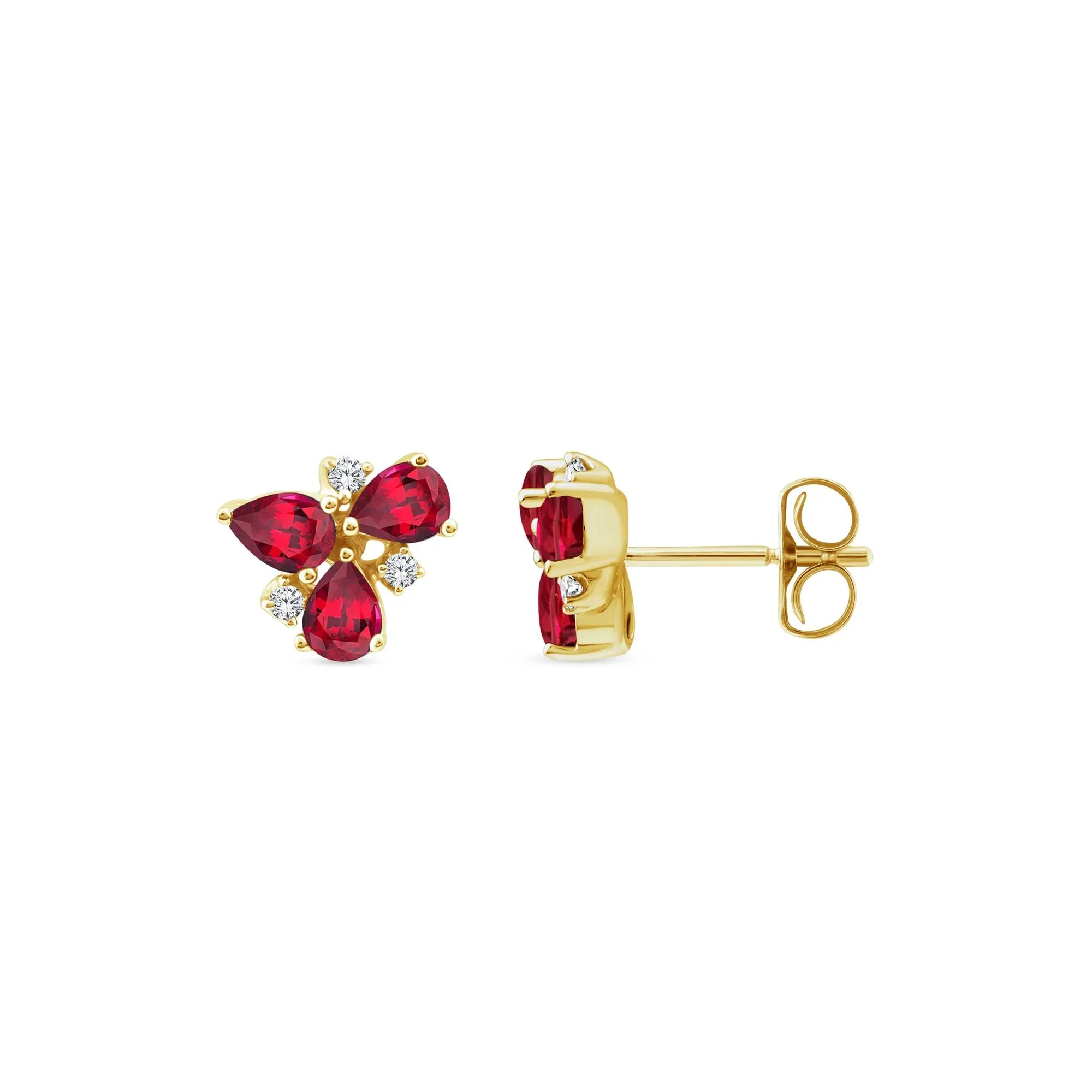 Pear-Shaped Ruby and Diamond Accent Cluster Stud Earrings 10K Yellow Gold Size 8.40mm - Image 2