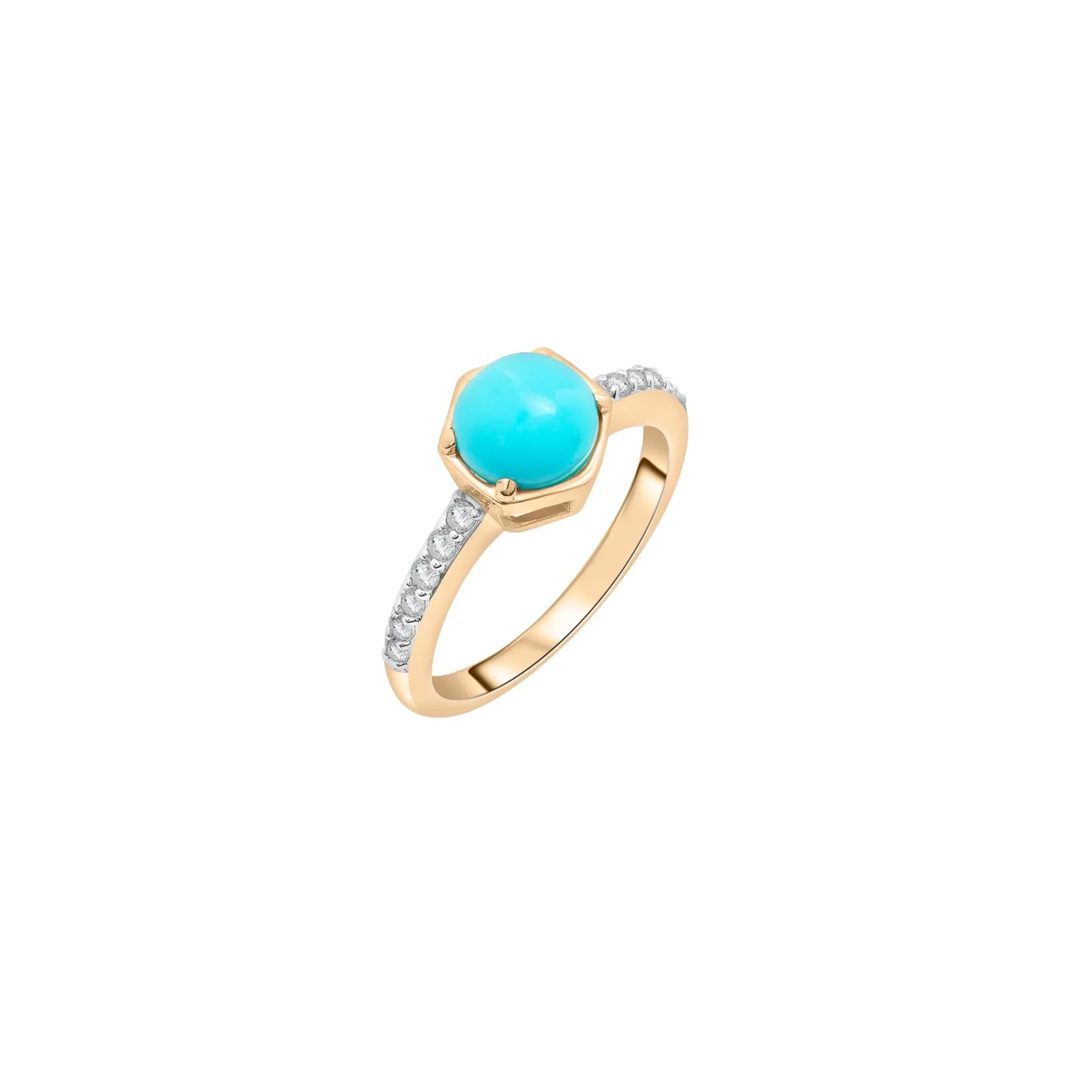 Cabochon Turquoise and White Topaz Ring 10K Yellow Gold Size 6 2mm - Image 5
