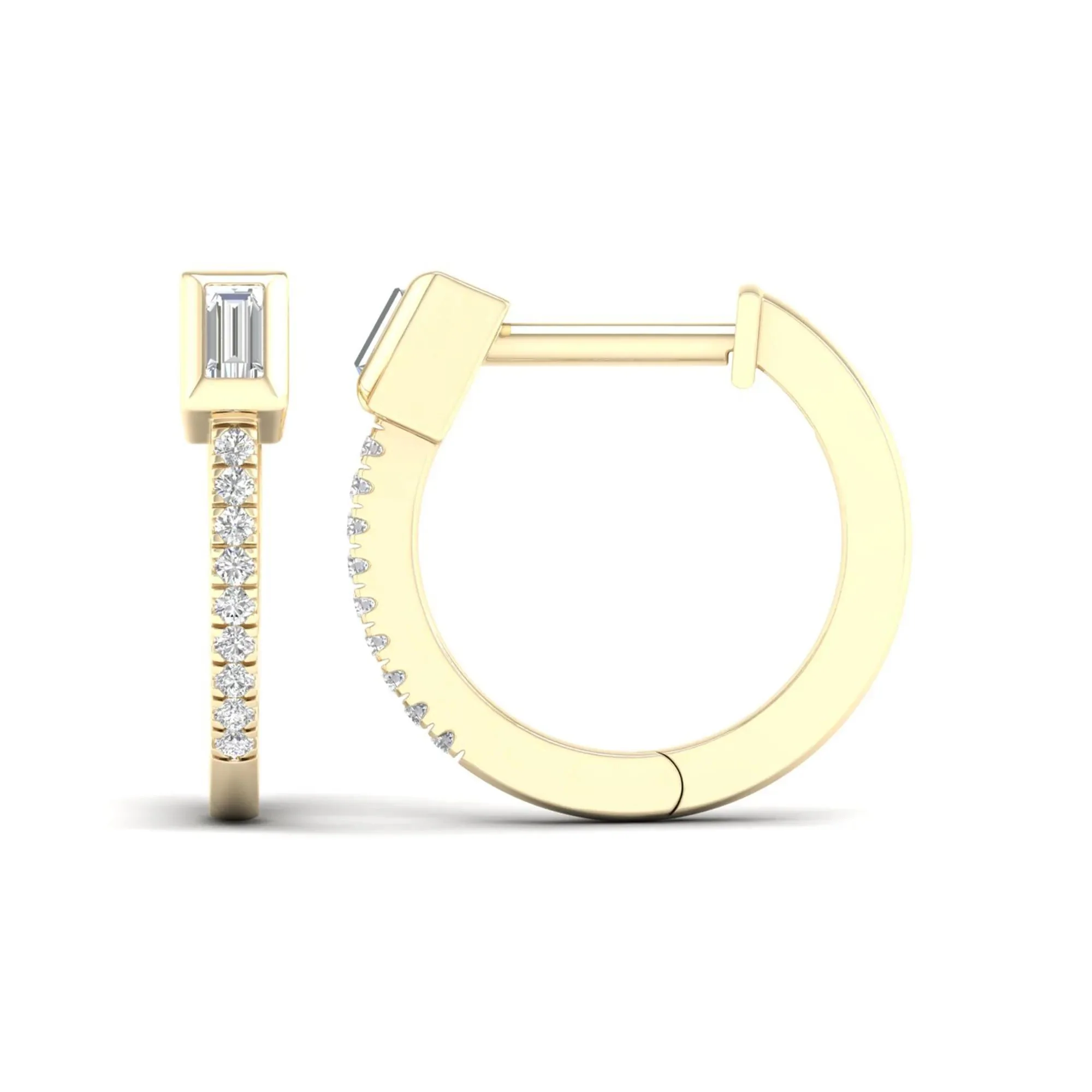 1/7 CT. Tw. Baguette & Round Hoop Earrings 10K Yellow Gold Size 2.70mm - Image 2