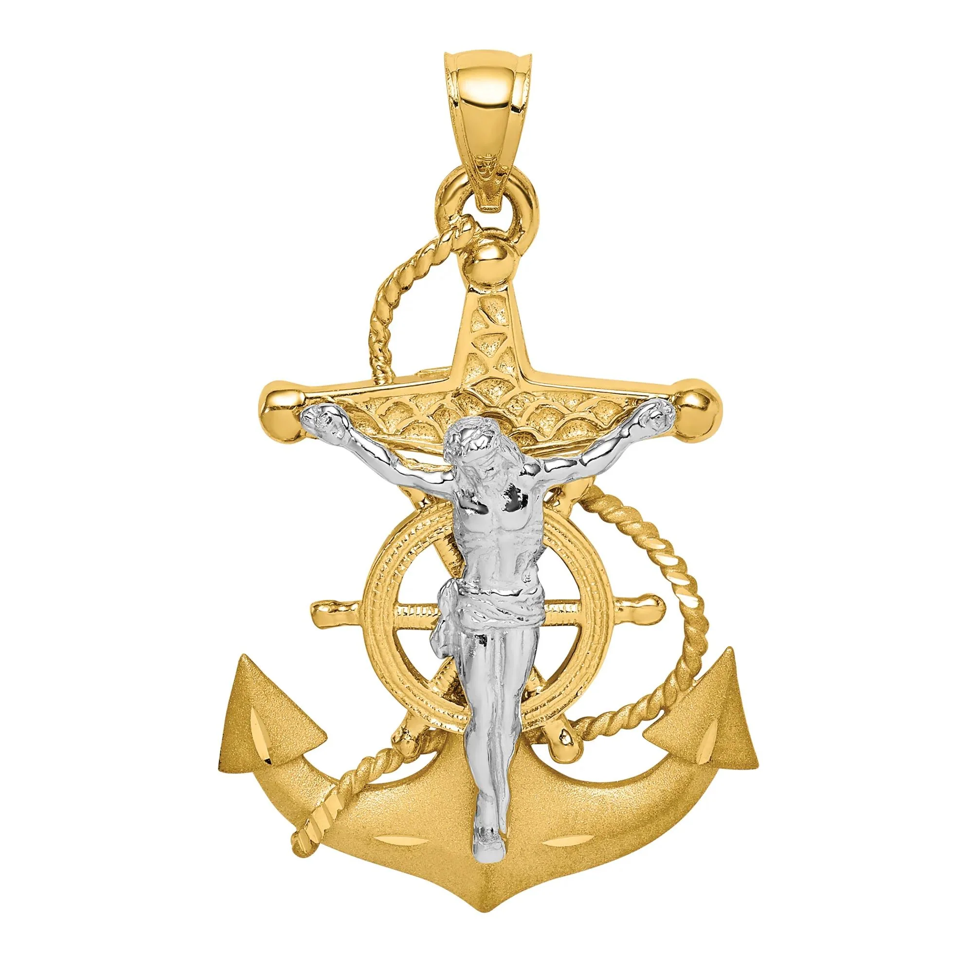 Diamond-Cut Mariner Anchor Cross Pendant Necklace 14K Yellow and White Gold Size 21.00mm - Image 2