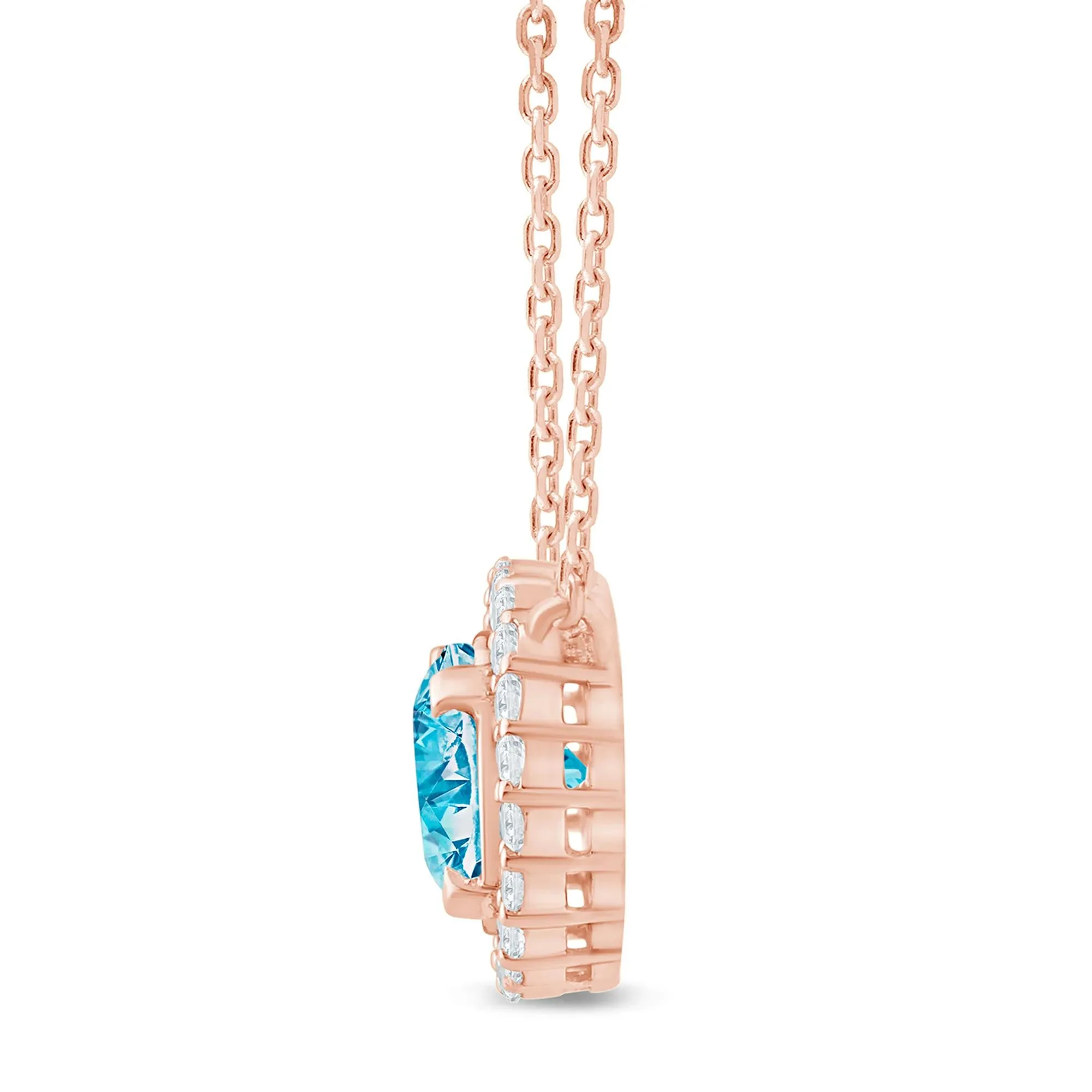 1/7 CT. Tw. Lab Grown Blue and White Diamond Halo Pendant Necklace 14K Rose Gold Size 17" - Image 2