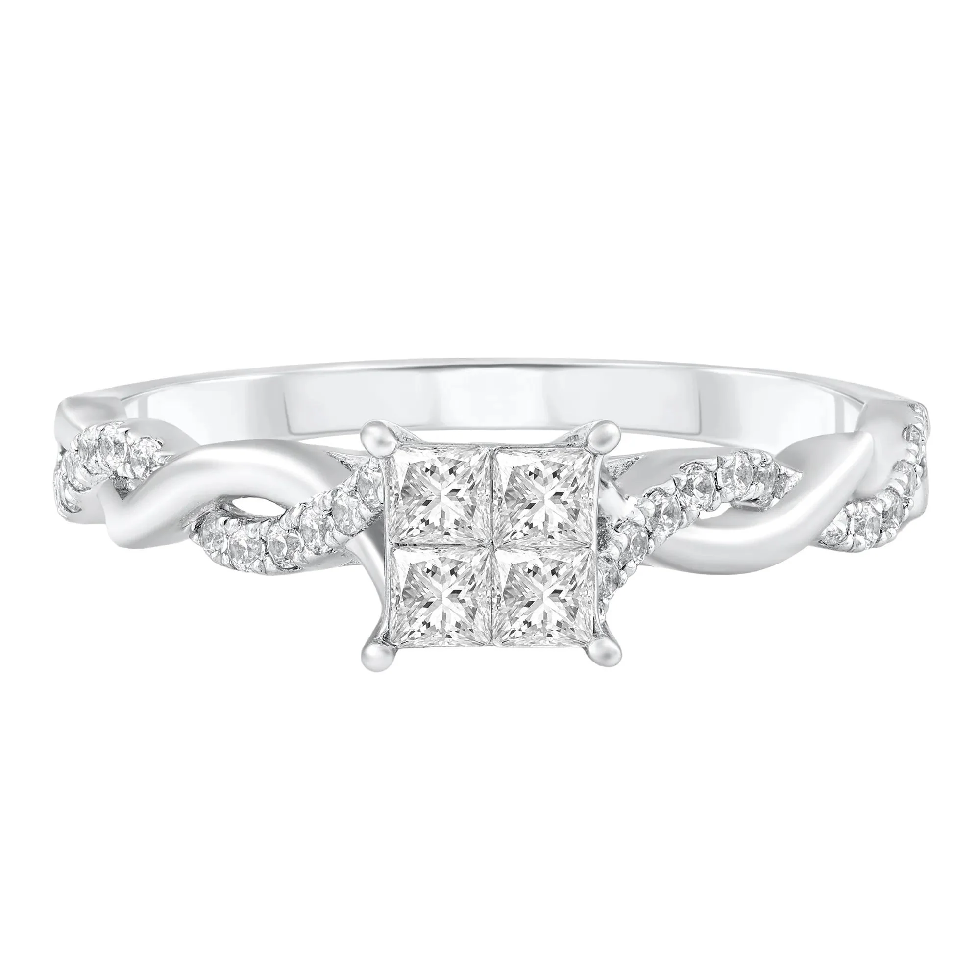 1/2 CT. Tw. Diamond Princess-Cut Twist Band Engagement Ring 14K White Gold Round Brilliant Cut Size 6.5