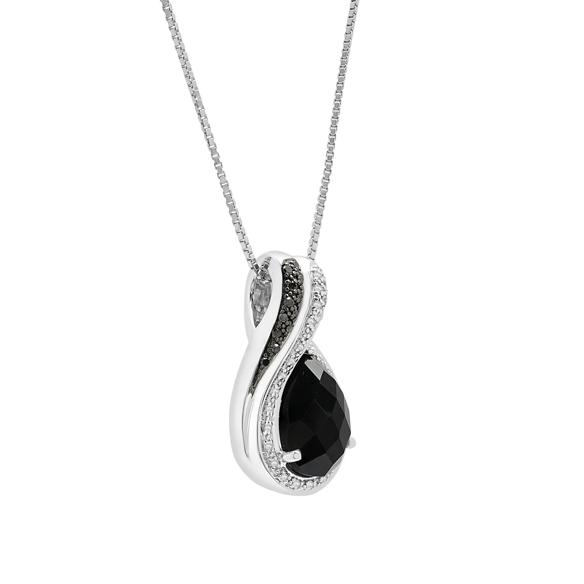 1/7 CT. Tw. Pear-Shaped Onyx Pendant Necklace with Black and White Diamonds .925 Sterling Silver Size 18" - Image 2