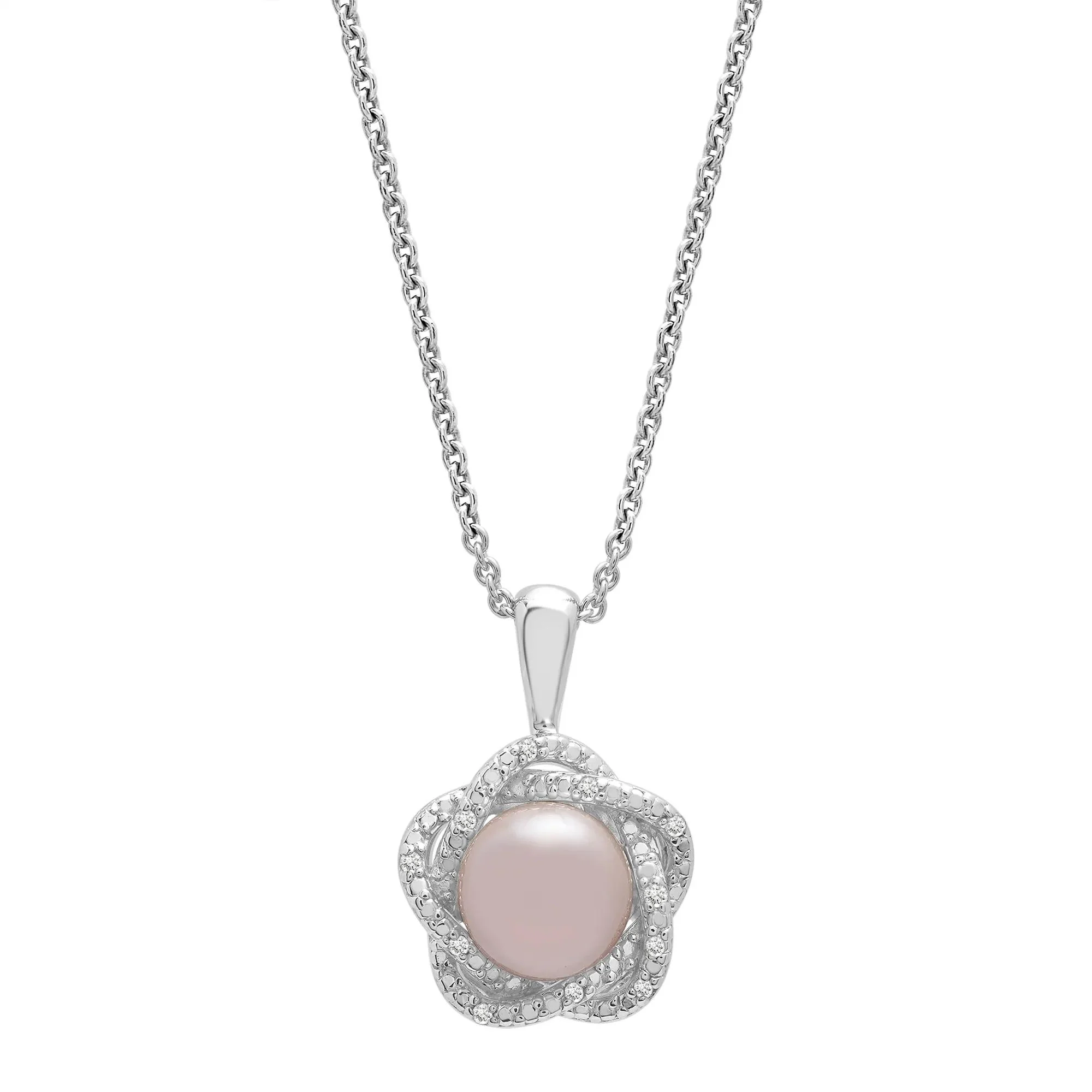 Pink Freshwater Cultured Pearl & Diamond Accent Pendant Necklace .925 Sterling Silver White Size 18"