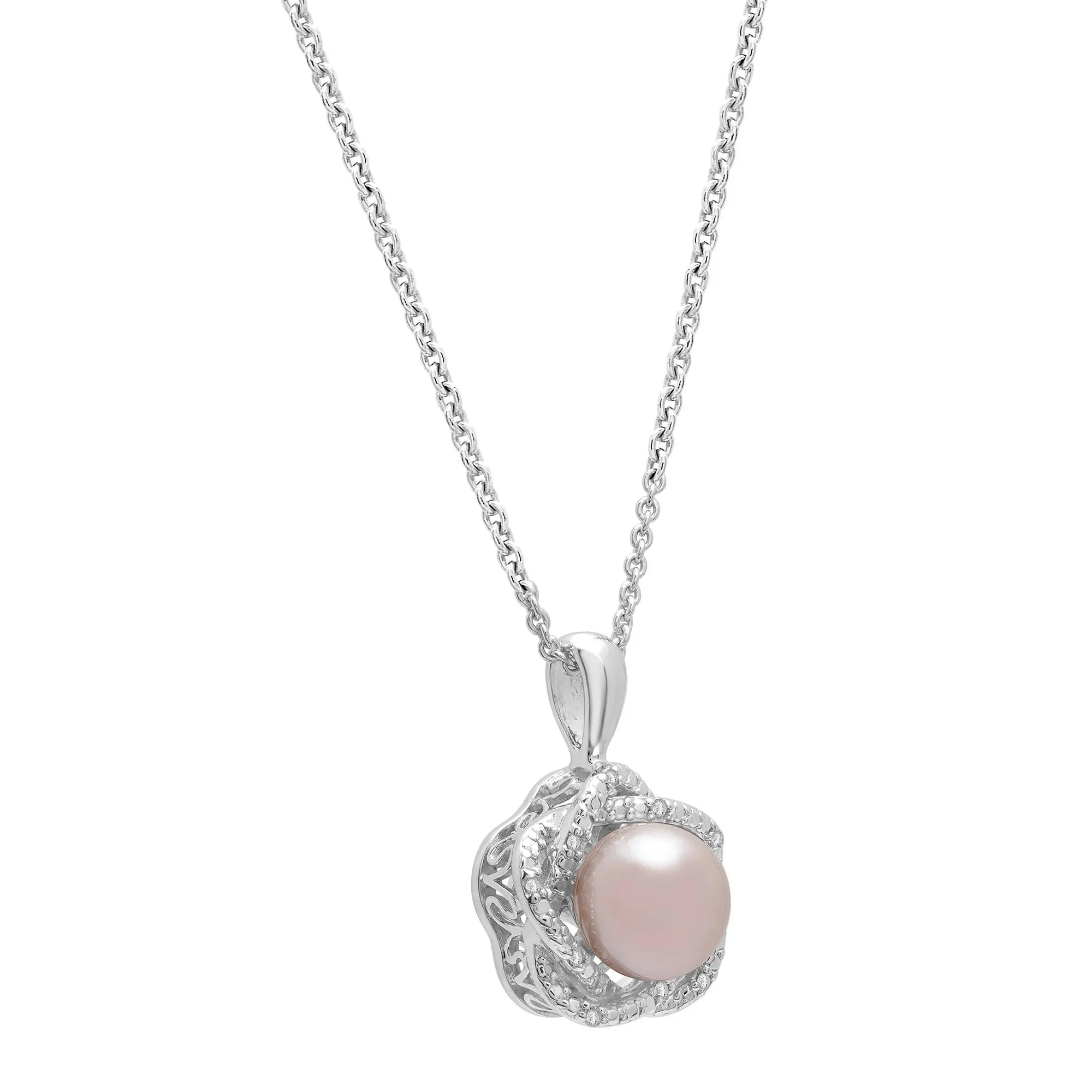 Pink Freshwater Cultured Pearl & Diamond Accent Pendant Necklace .925 Sterling Silver White Size 18" - Image 2