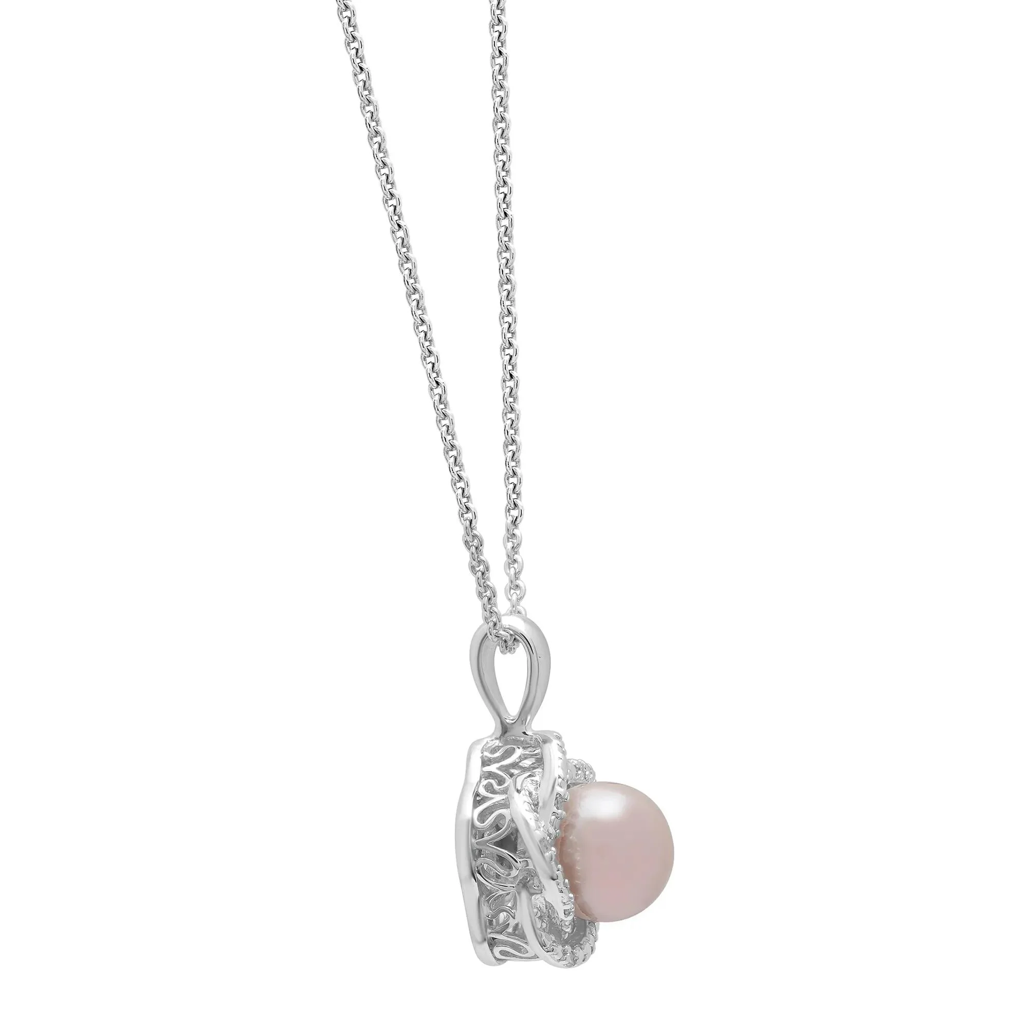 Pink Freshwater Cultured Pearl & Diamond Accent Pendant Necklace .925 Sterling Silver White Size 18" - Image 3