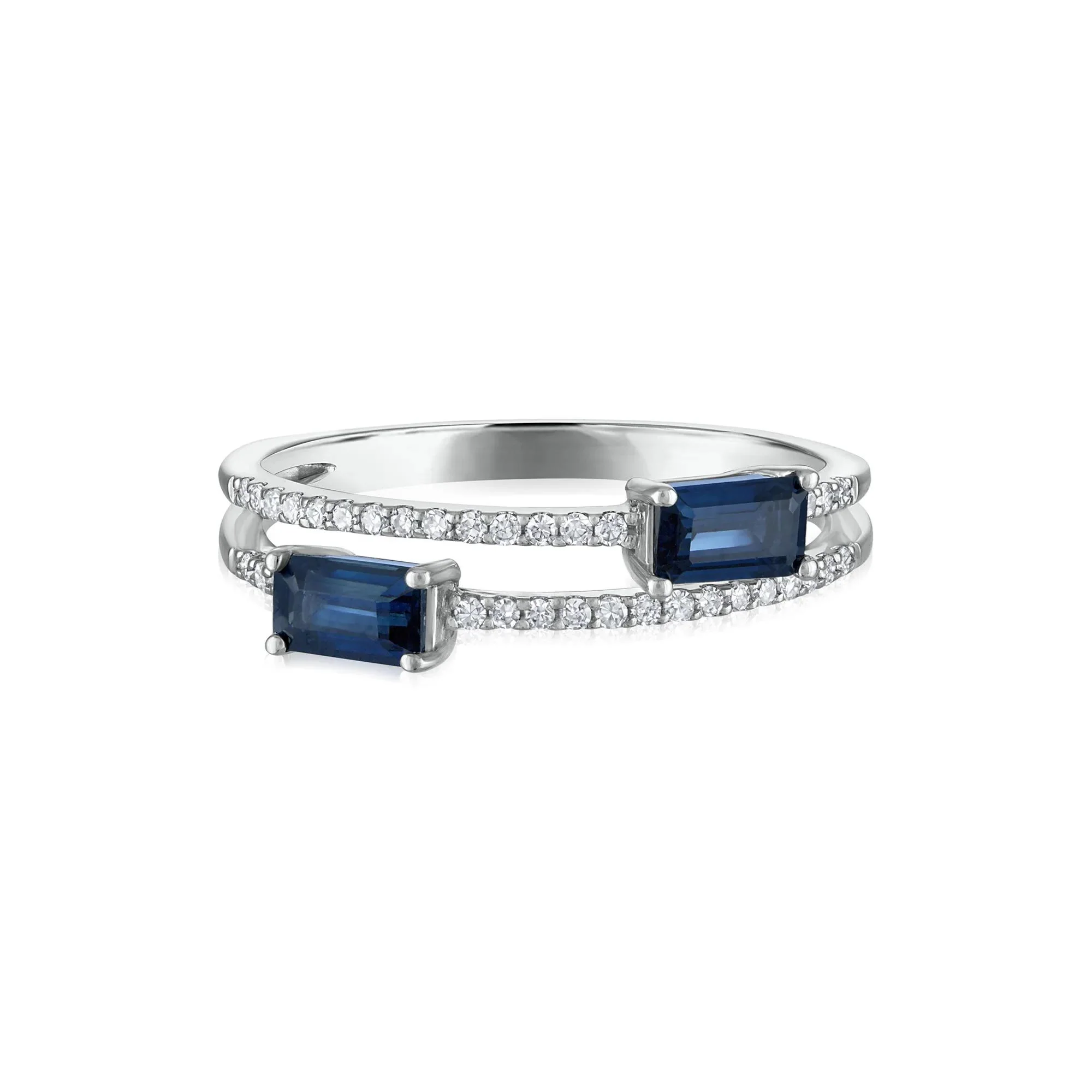 1/10 CT. Tw. Diamond and Blue Sapphire Double Row Band Ring 14K White Gold Size 7 2mm - Image 3