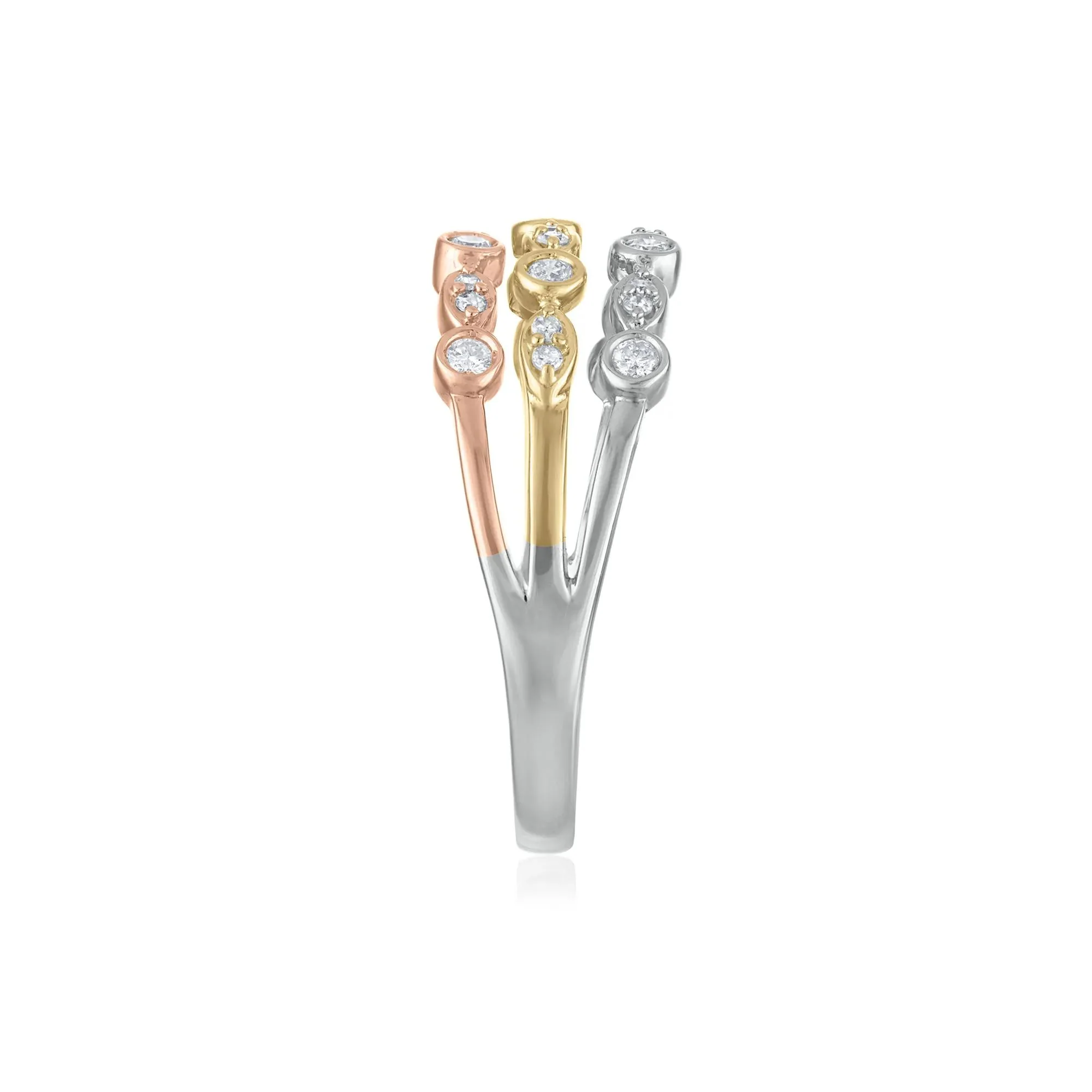 1/4 CT. Tw. Three-Tone Stacked Band Ring 14K White Yellow and Rose Gold Size 7 - Image 2