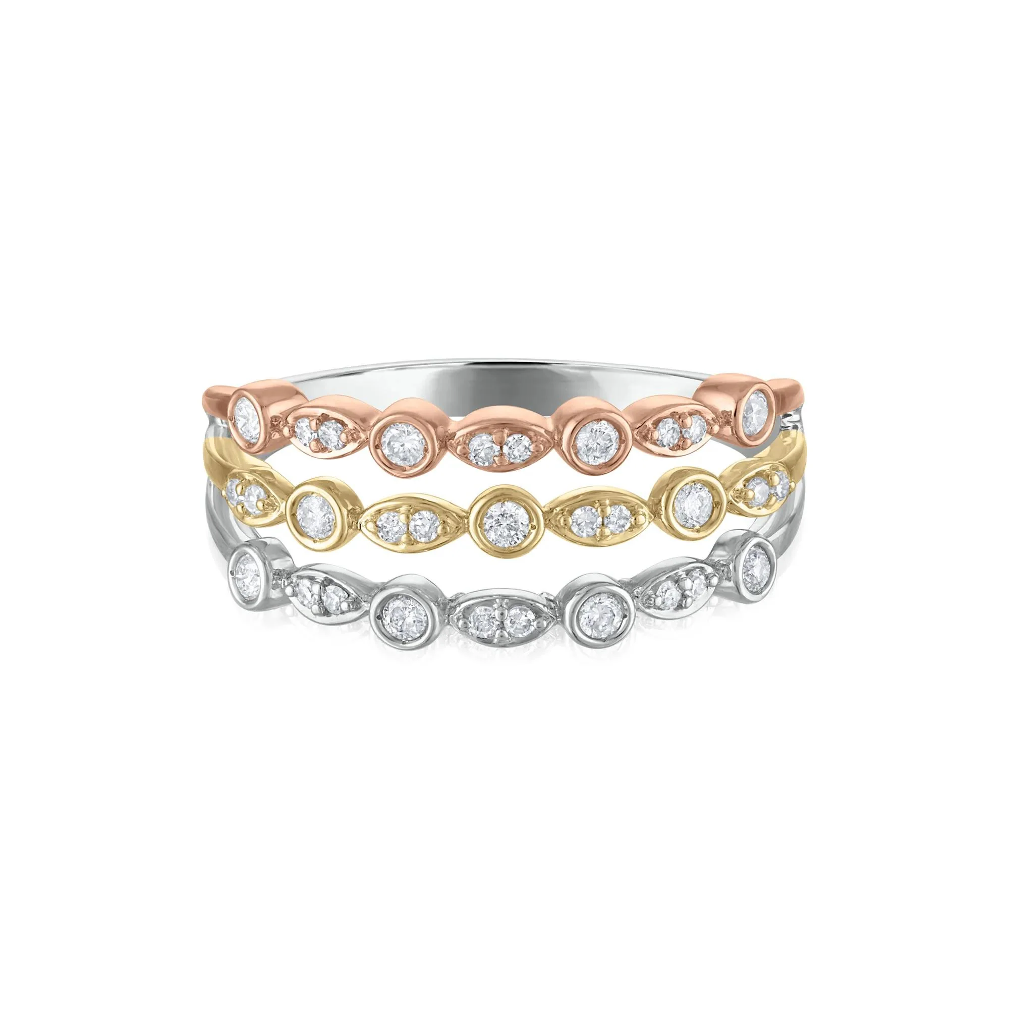 1/4 CT. Tw. Three-Tone Stacked Band Ring 14K White Yellow and Rose Gold Size 7 - Image 3