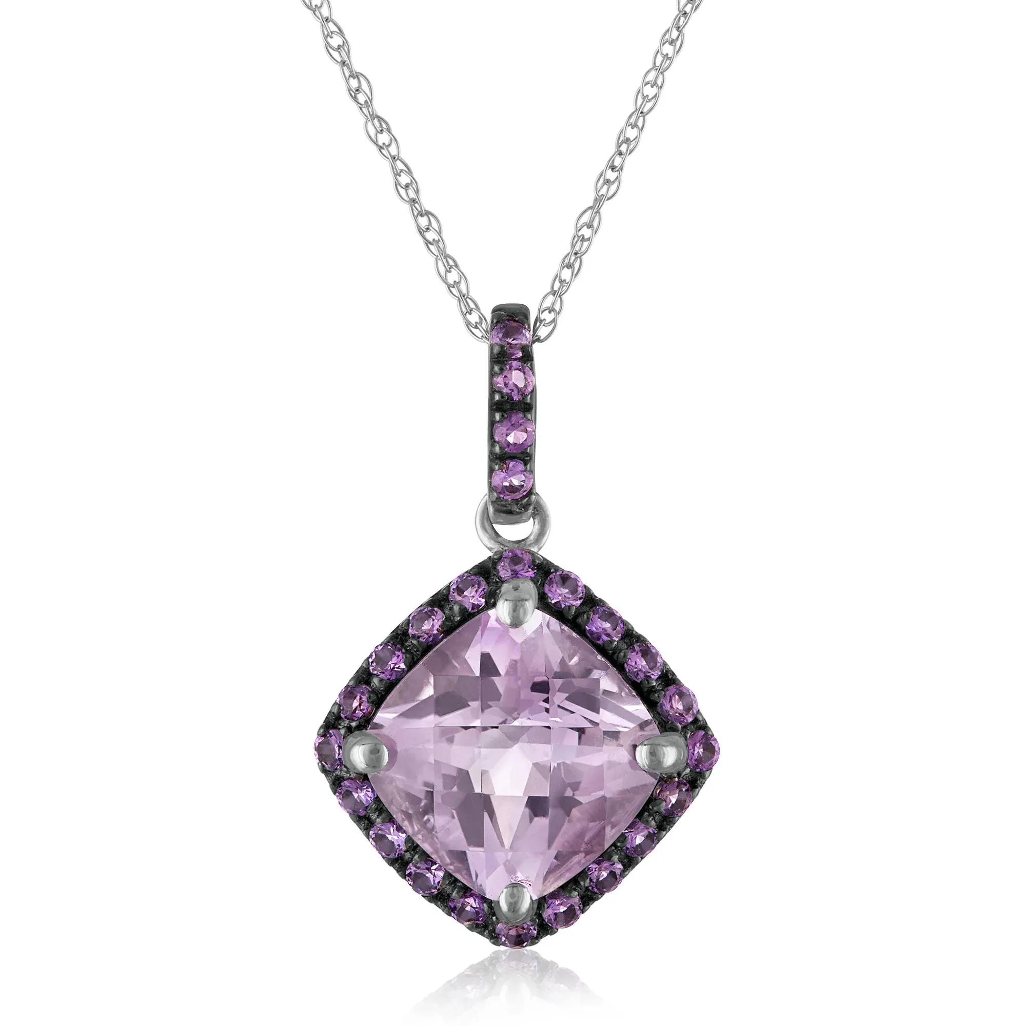 Amethyst and Diamond Accent Halo Pendant Necklace 10K White Gold Size 18" - Image 2