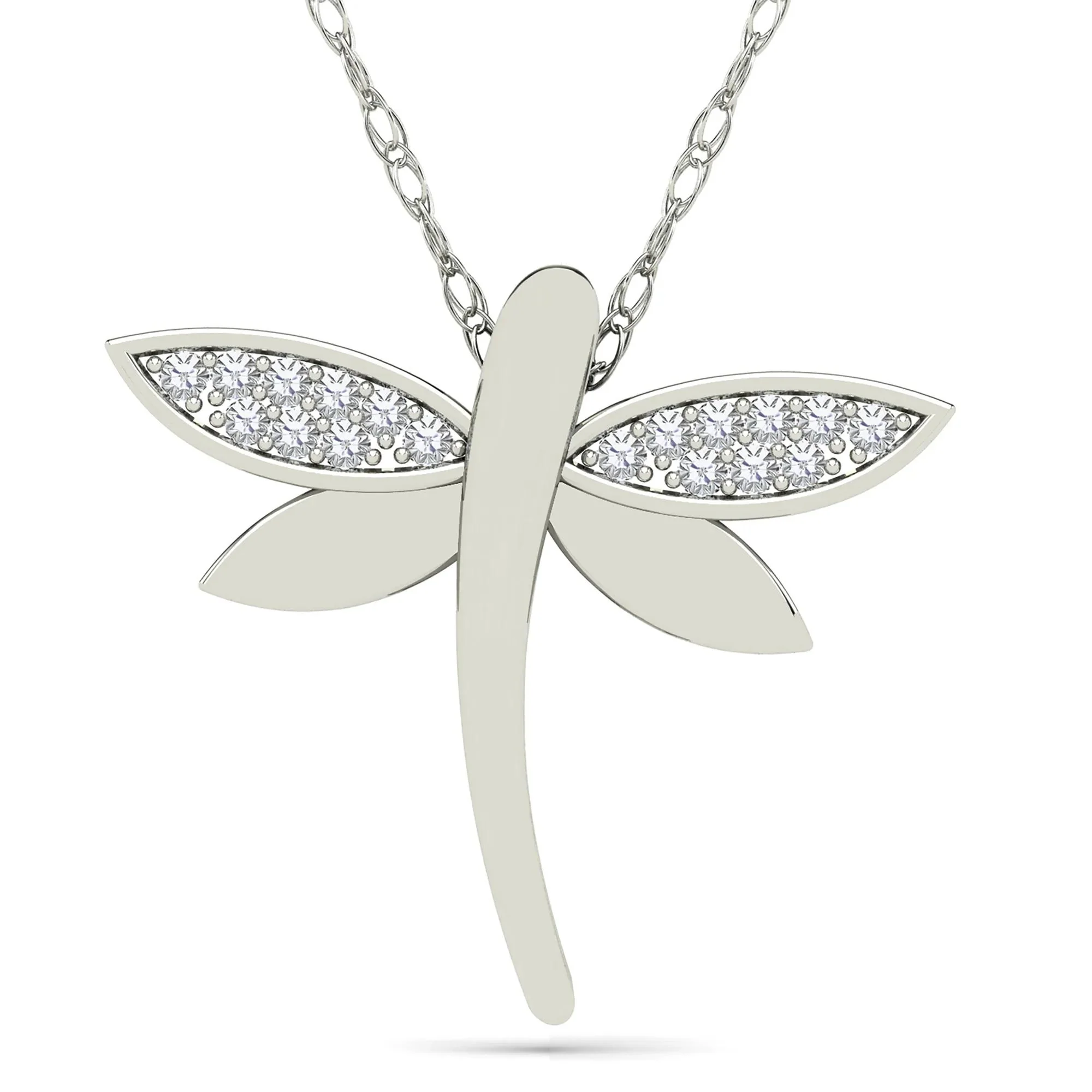 Diamond Accent Dragonfly Pendant Necklace 10K White Gold Size 18"