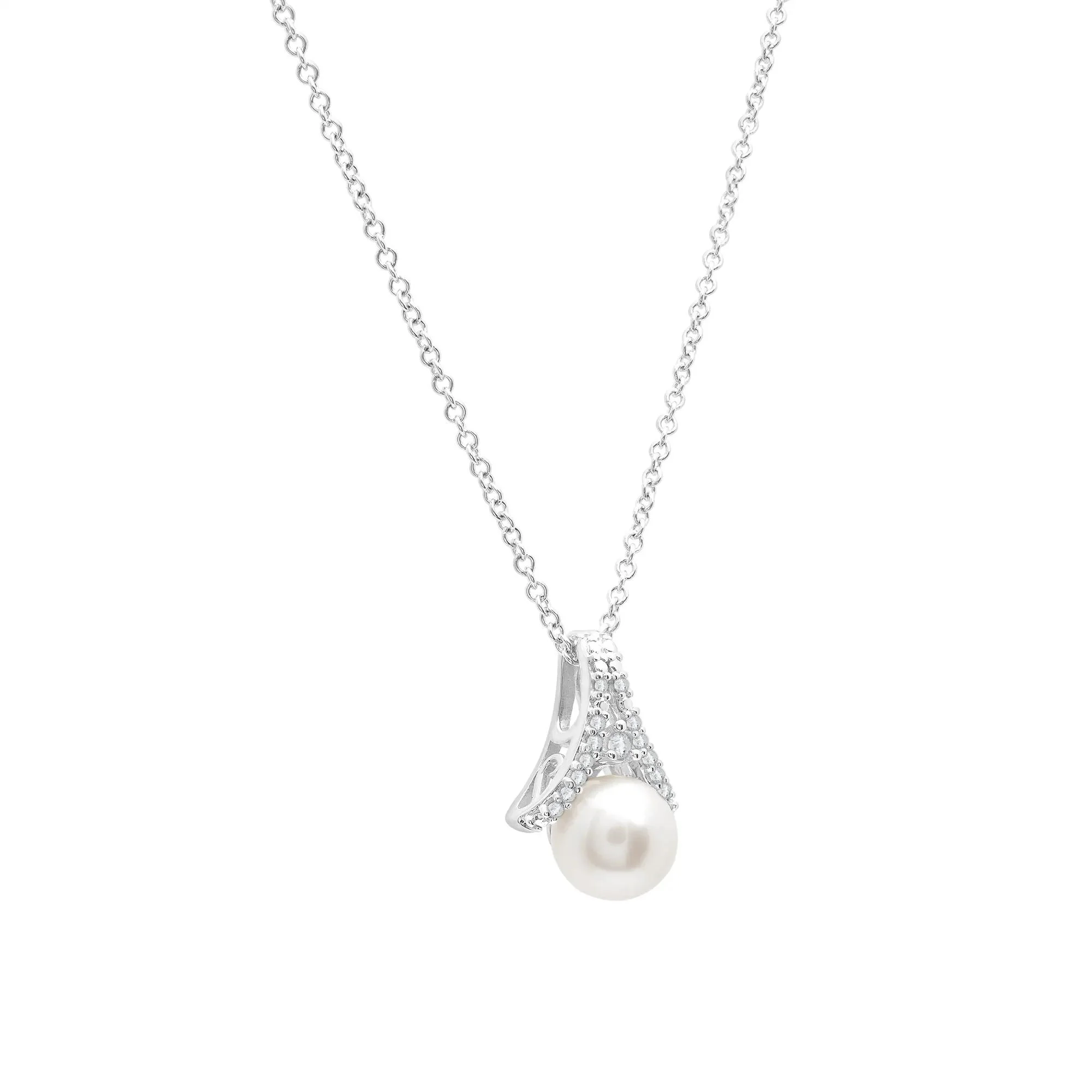 Cultured Freshwater Pearl and Diamond Accent Pendant Necklace .925 Sterling Silver White Size 18" - Image 2