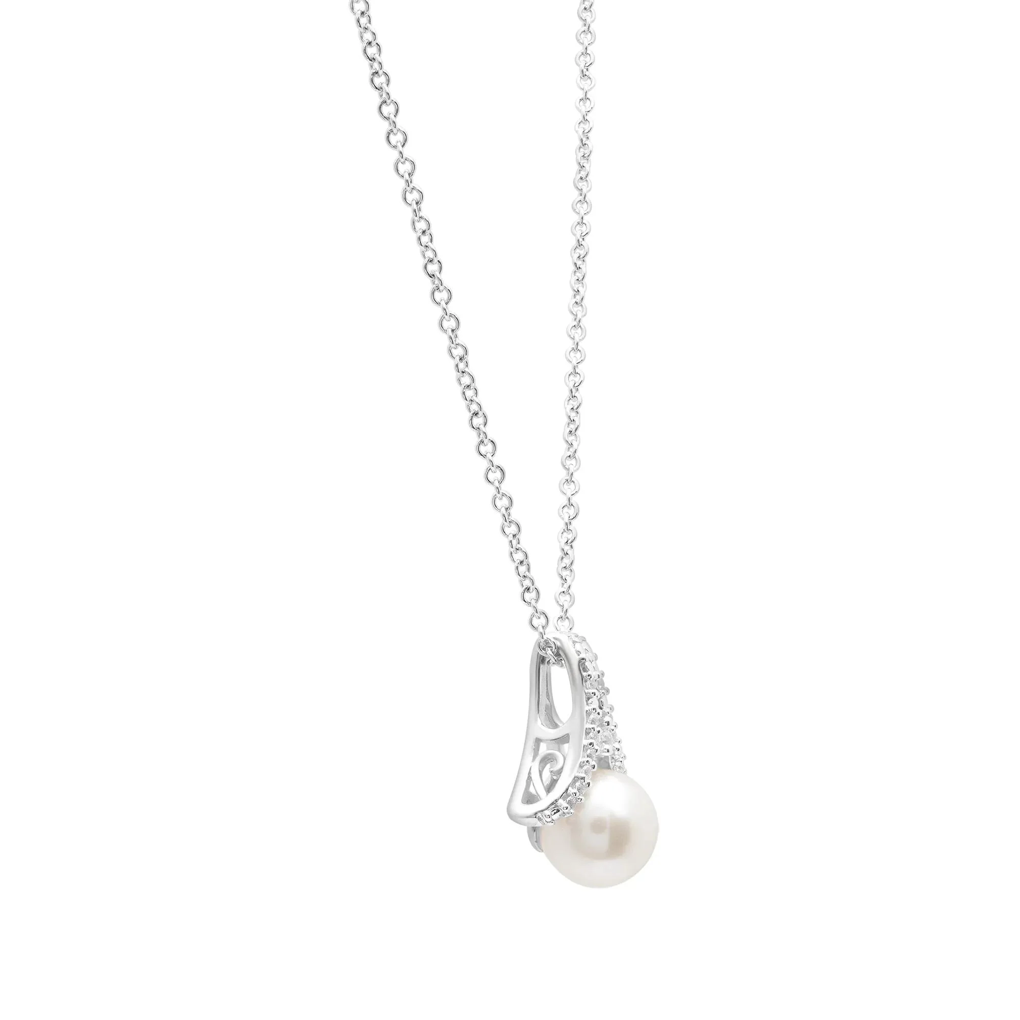 Cultured Freshwater Pearl and Diamond Accent Pendant Necklace .925 Sterling Silver White Size 18" - Image 3