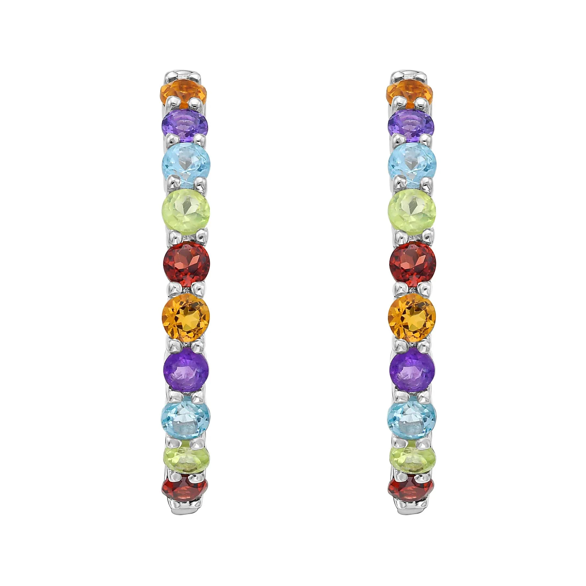 Multi-Gemstone Hoop Earrings .925 Sterling Silver White Size 25.00mm - Image 2