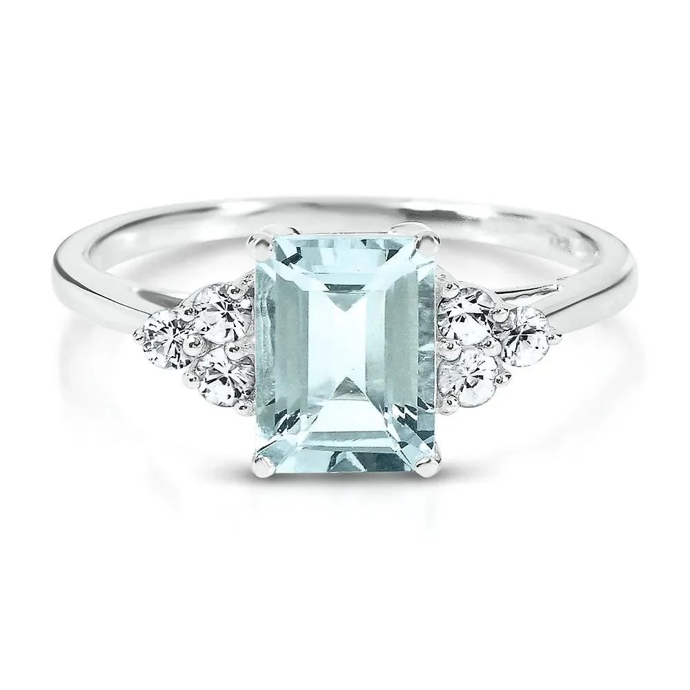 Aquamarine & Lab Created White Sapphire Ring 10K White Gold Size 8 1mm