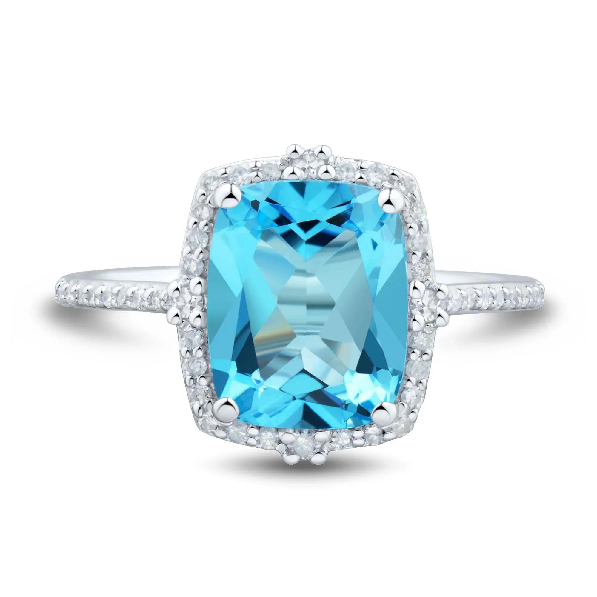 1/5 CT. Tw. Blue Topaz Cushion-Cut Diamond Halo Ring 10K White Gold Round Brilliant Cut Size 8 1mm
