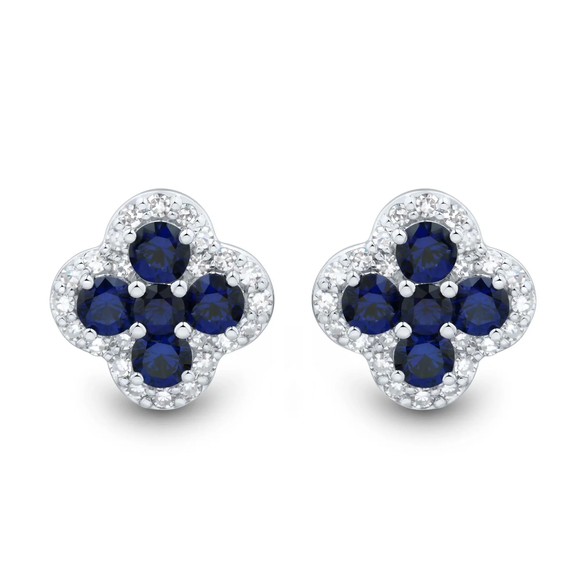 1/3 CT. Tw. Lab-Created Blue Sapphire and Lab Grown Diamond Clover Stud Earrings 10K White Gold Size 11.50mm - Image 2