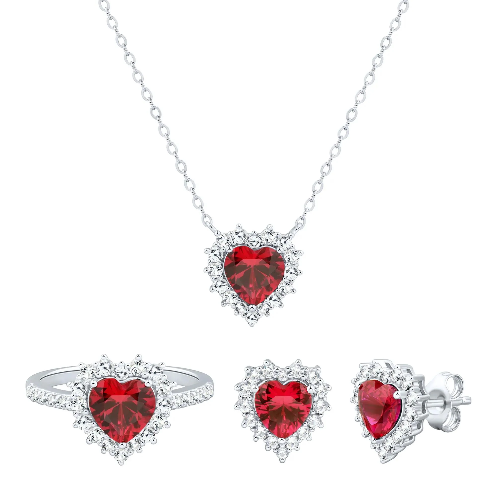 Lab-Created Ruby and Lab-Created White Sapphire Ring Earring and Pendant Set .925 Sterling Silver Size 7.5 1.5mm