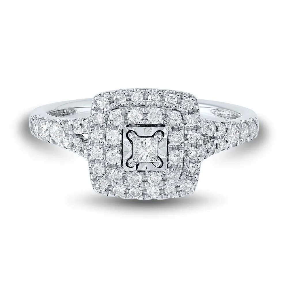 1/2 CT. Tw. Princess-Cut Double-Halo Diamond Engagement Ring 10K White Gold Size 7