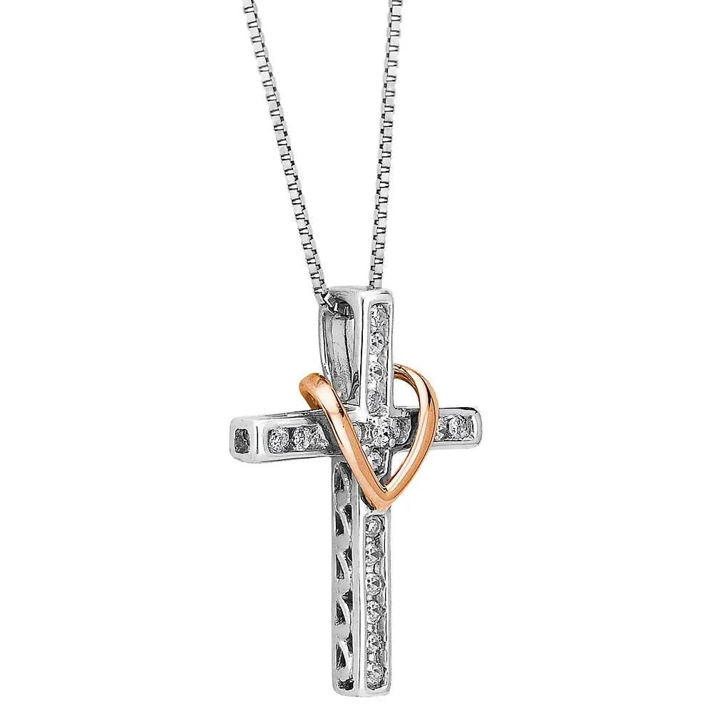 1/7 CT. Tw. Diamond Cross Pendant Necklace .925 Sterling Silver & 14K Rose Gold White Size 18" - Image 2