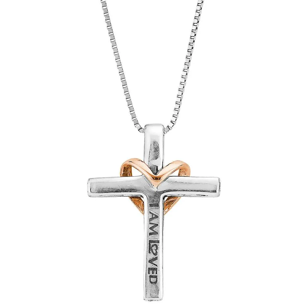 1/7 CT. Tw. Diamond Cross Pendant Necklace .925 Sterling Silver & 14K Rose Gold White Size 18" - Image 3