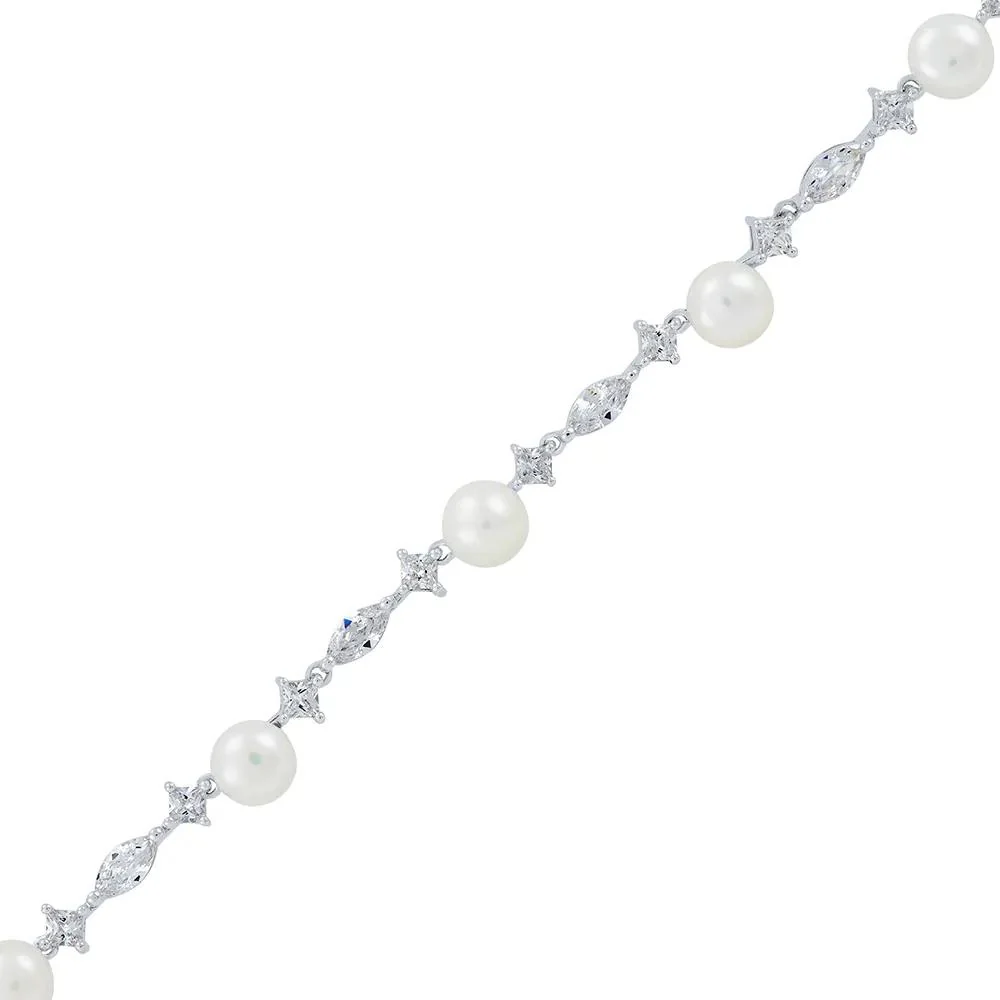 Freshwater Cultured Pearl & Lab Created White Sapphire Necklace .925 Sterling Silver Size 17" - Image 2