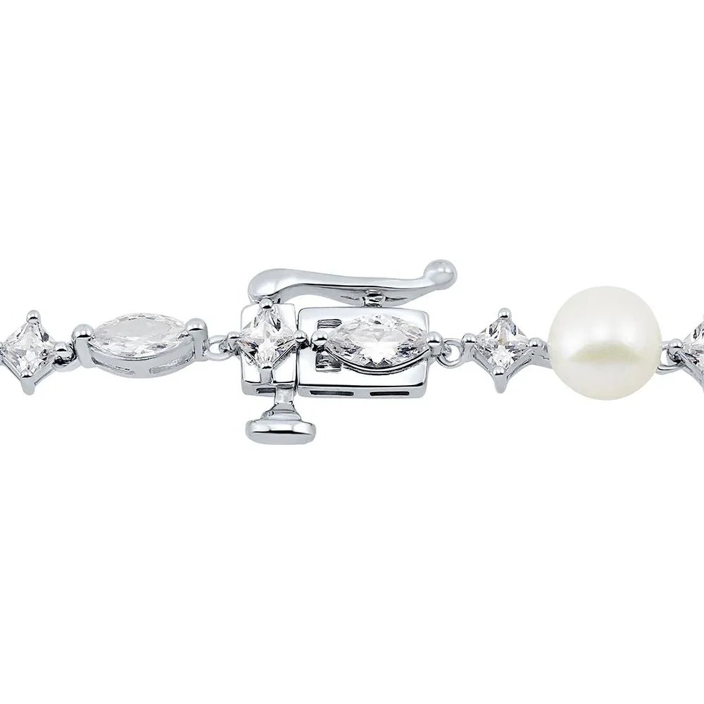 Freshwater Cultured Pearl & Lab Created White Sapphire Necklace .925 Sterling Silver Size 17" - Image 3