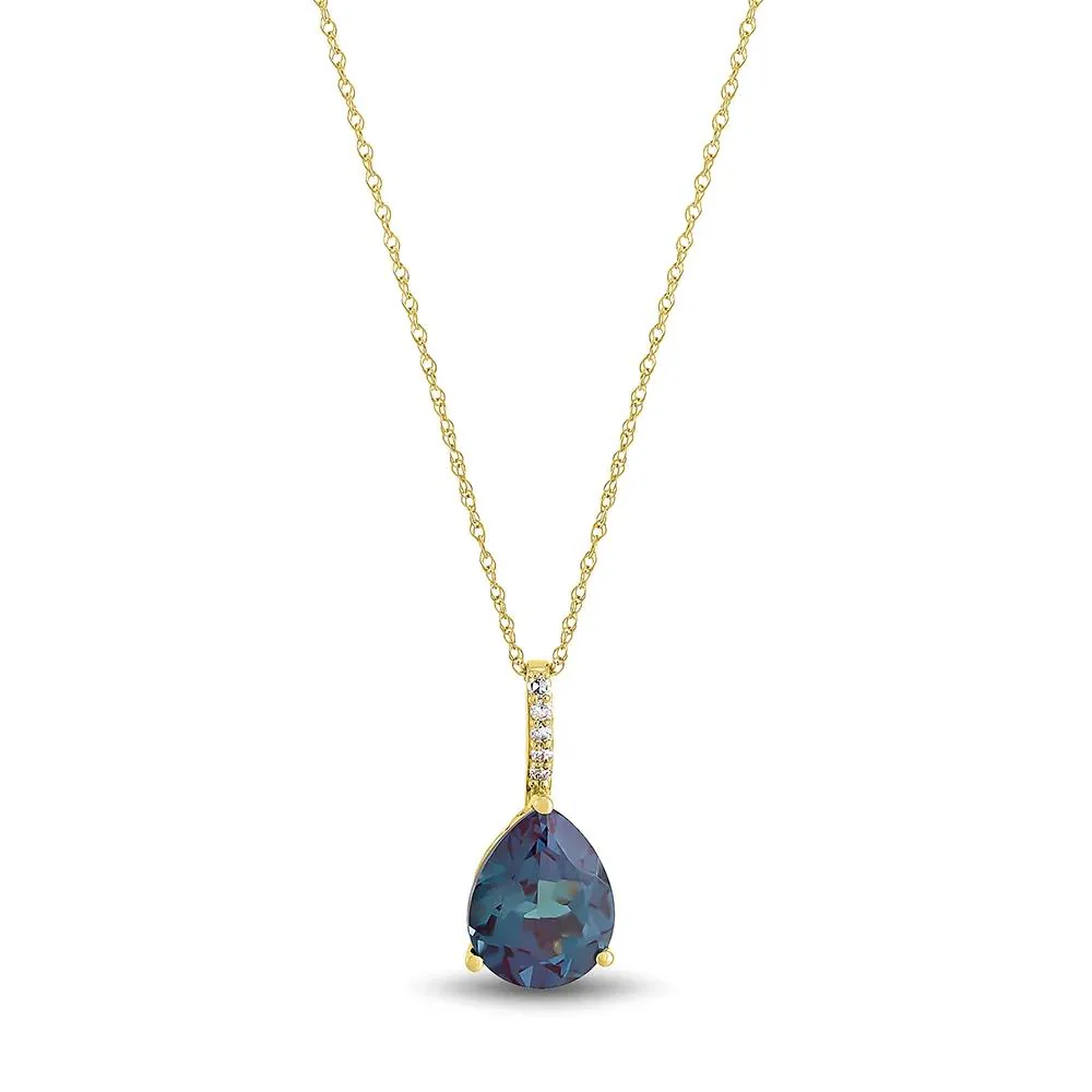 Lab Created Alexandrite & Diamond Pendant Necklace 10K Yellow Gold Size 18"