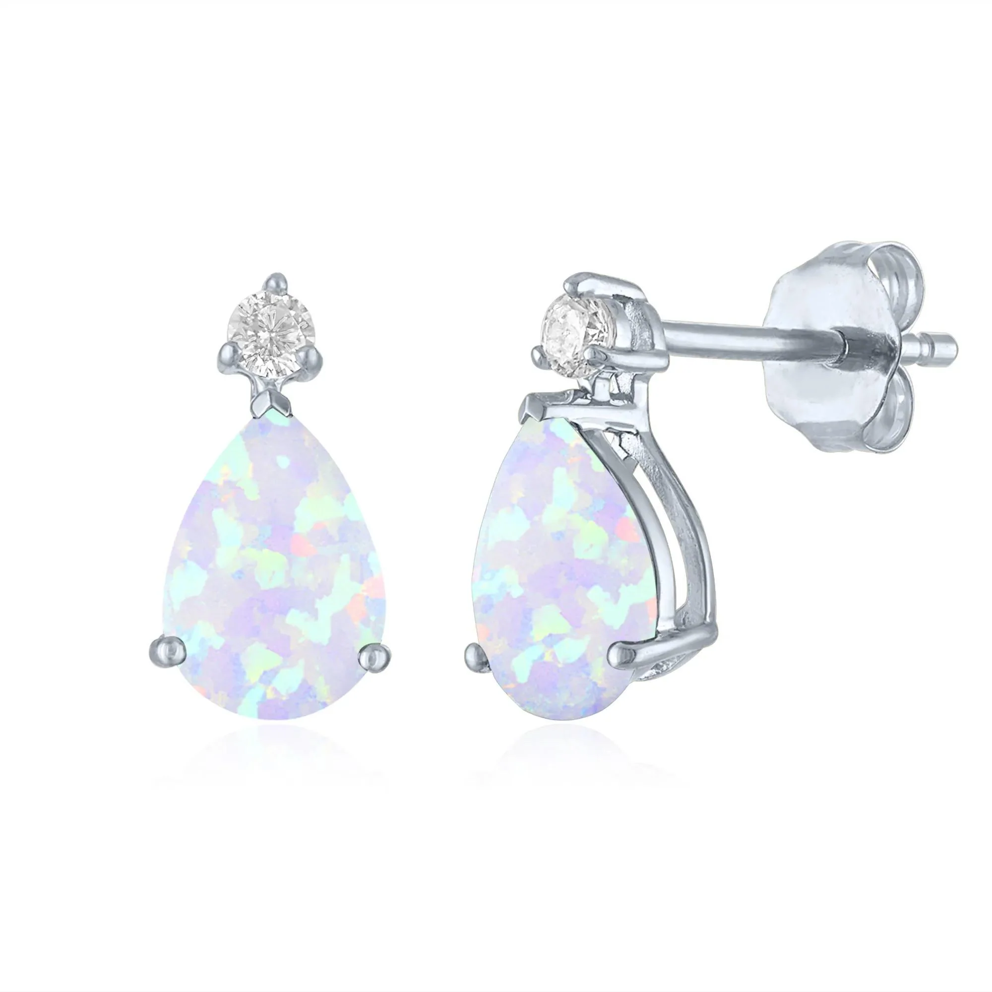 Opal and Lab-Created White Sapphire Birthstone Earrings 10K White Gold Size 10.00mm