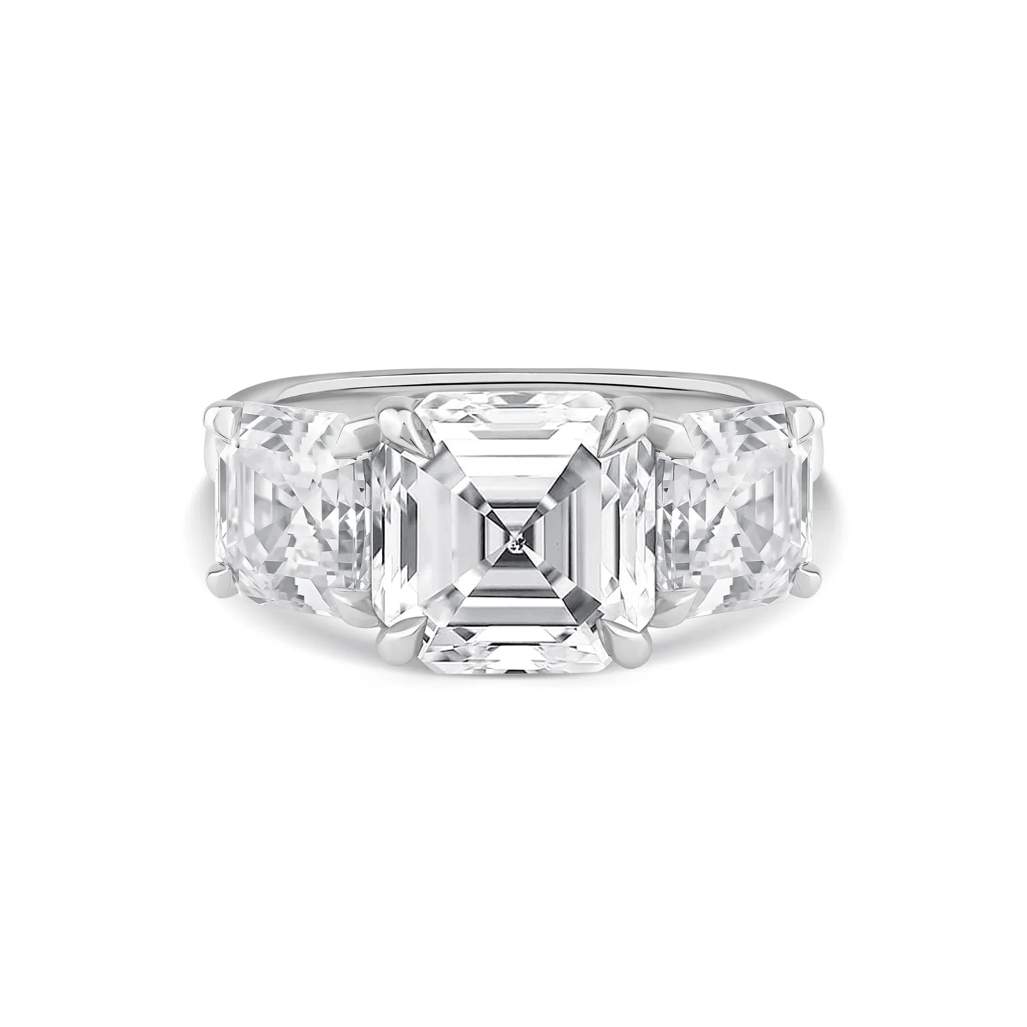 7 CT. Tw. Lab Grown Diamond Asscher-Cut Three Stone Engagement Ring Platinum White Size 7 2.5mm