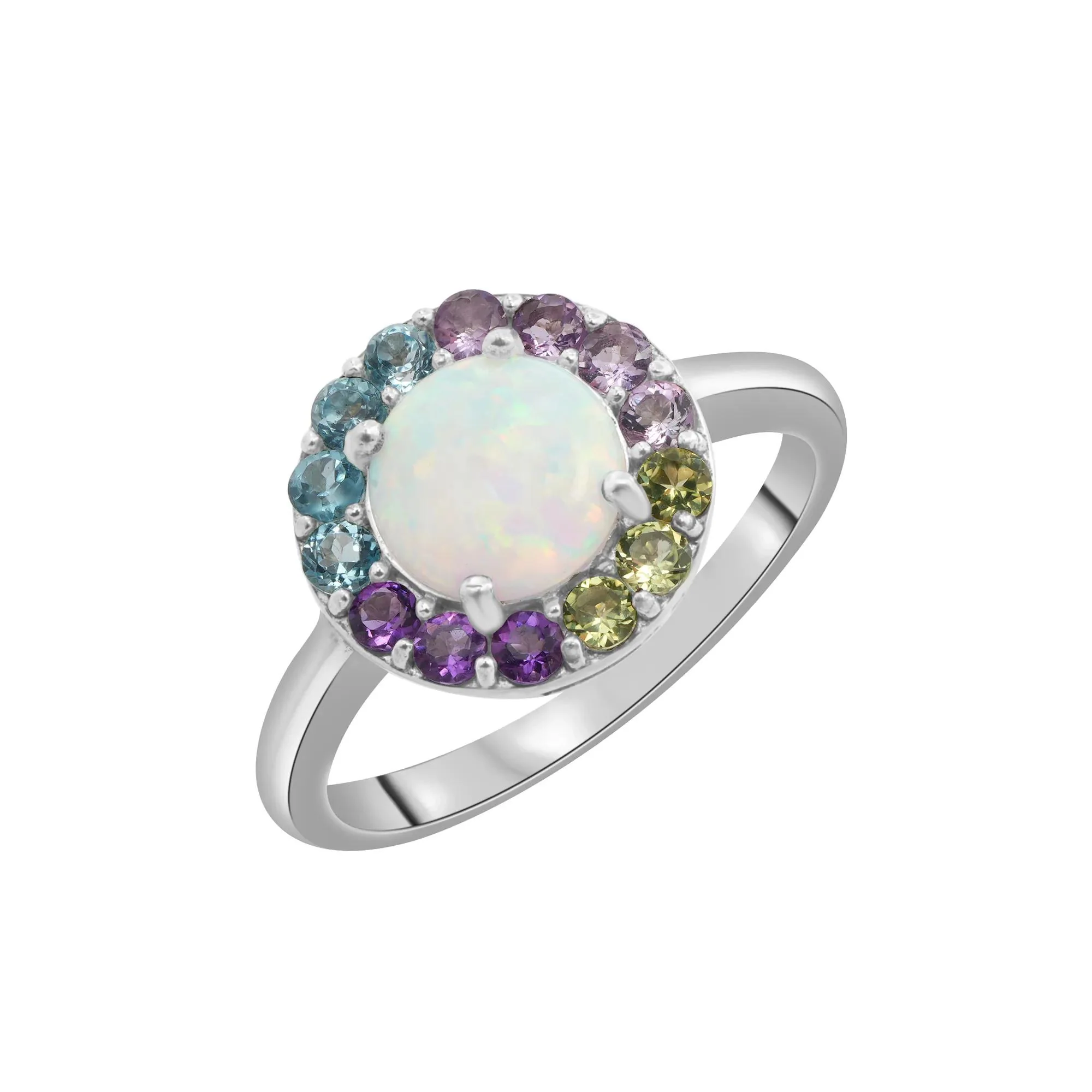 Lab-Created Opal and Multi-Gemstone Halo Ring .925 Sterling Silver White Size 7 2mm - Image 5