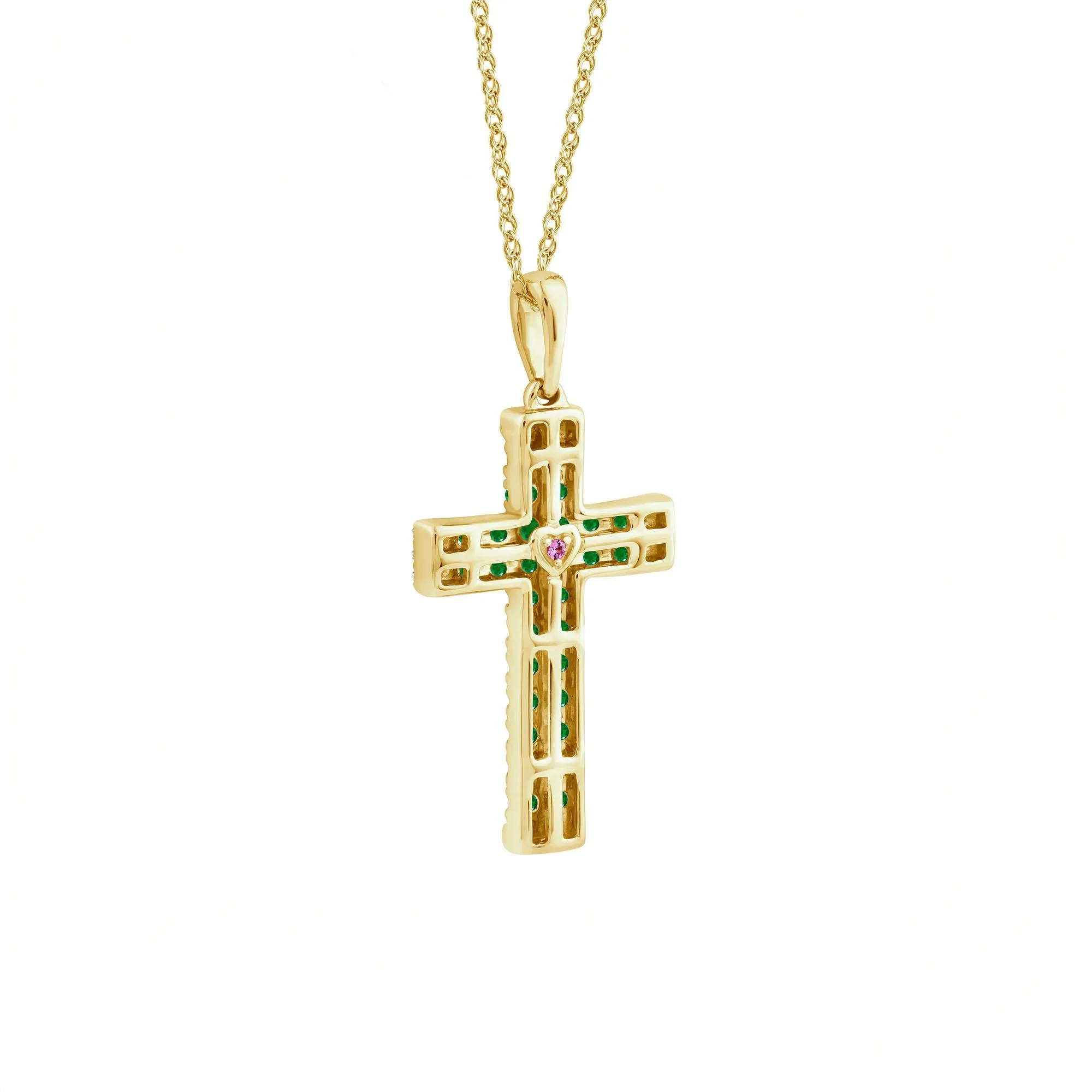 Emerald and Diamond Accent Cross Pendant Necklace 10K Yellow Gold Size 18" - Image 4