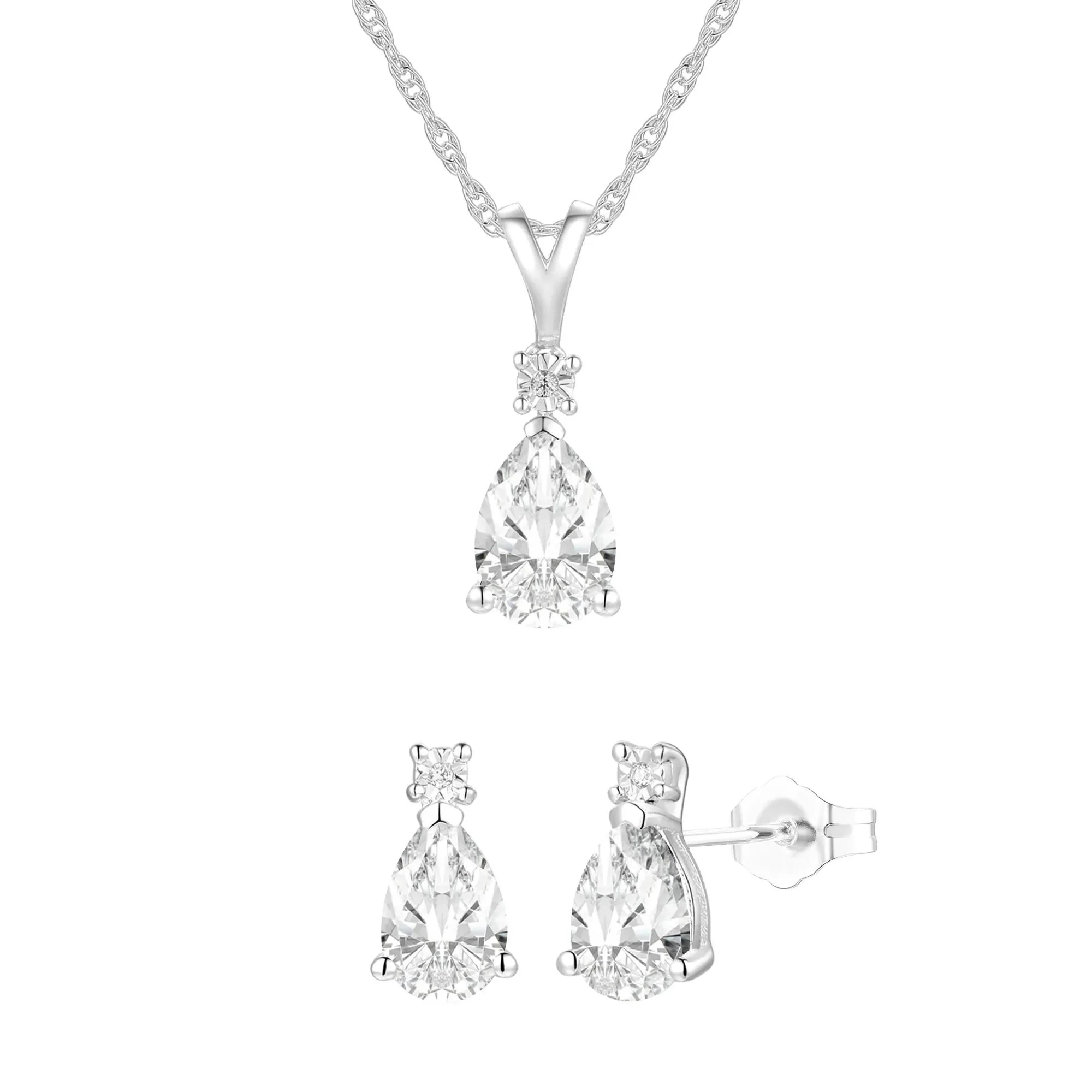 Lab-Created White Sapphire & Diamond Accent Pendant Necklace & Earrings Boxed Set 10K White Gold Size 18" - Image 3